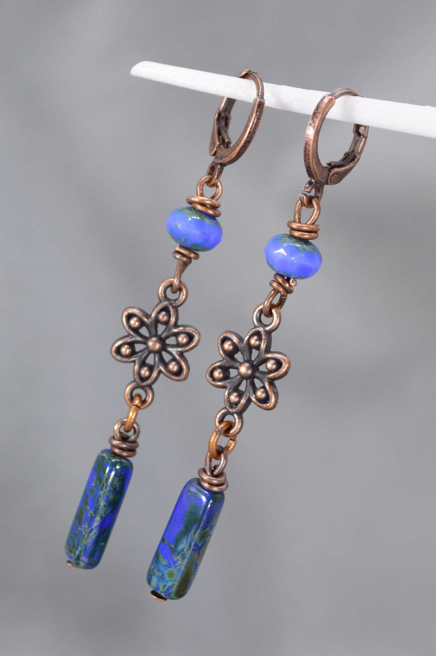 Blue earrings, Exquisite Handmade Boho Style Earrings by Estibela Design: Picasso Beads in Copper and Green. 6cm - 2.2"