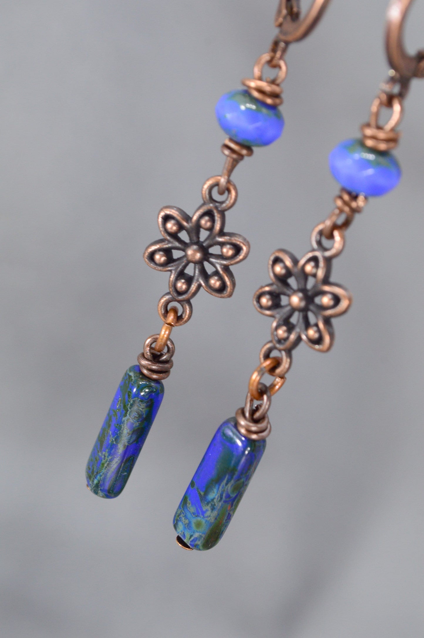 Blue earrings, Exquisite Handmade Boho Style Earrings by Estibela Design: Picasso Beads in Copper and Green. 6cm - 2.2"