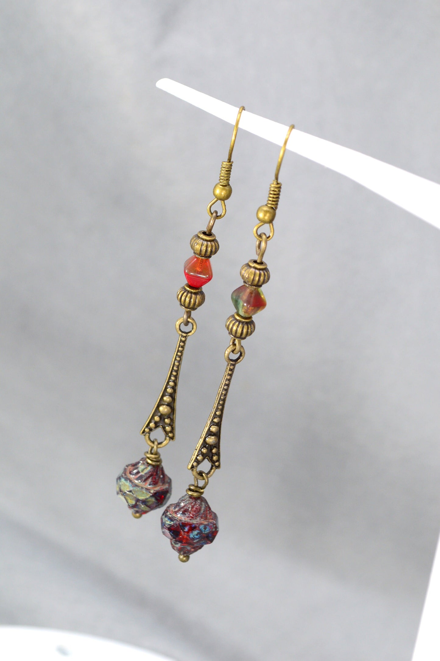 Elegant Handmade Earrings with Bronze Beads, Czech Glass Bicone, and Unique Cascade Design - Estibela Design. 7.5cm - 3"