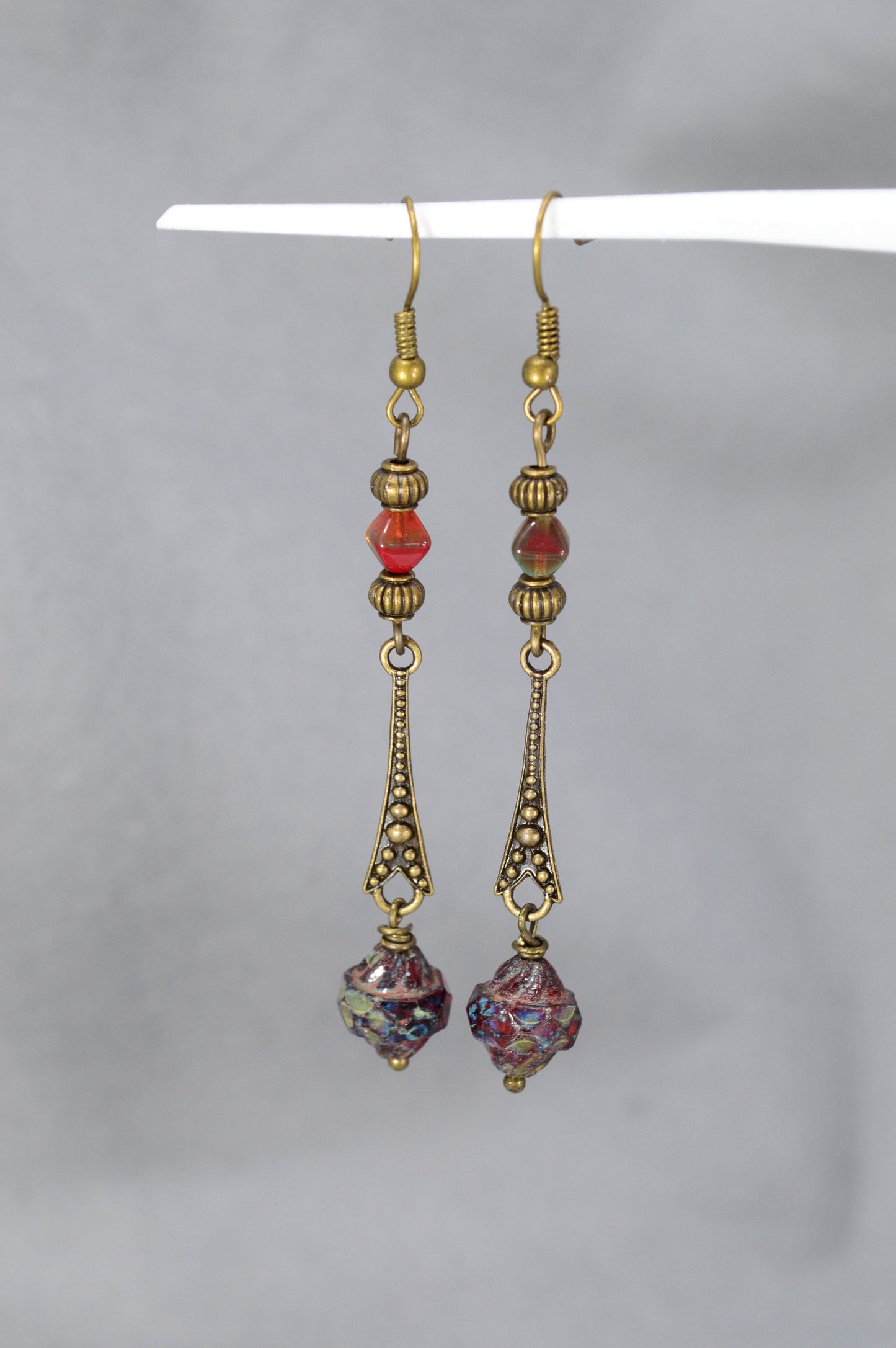 Elegant Handmade Earrings with Bronze Beads, Czech Glass Bicone, and Unique Cascade Design - Estibela Design. 7.5cm - 3"