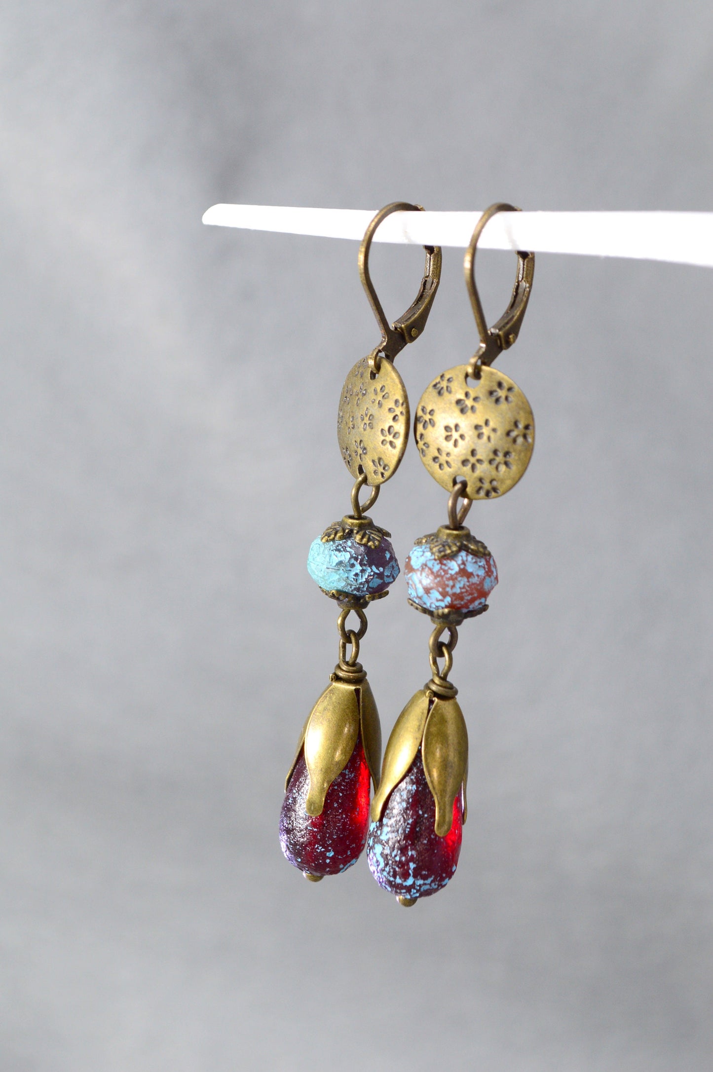 Bronze Earrings with Czech Sea Glass Beads for Boho, Ethnic, and Vintage Styles by Estibela Design.