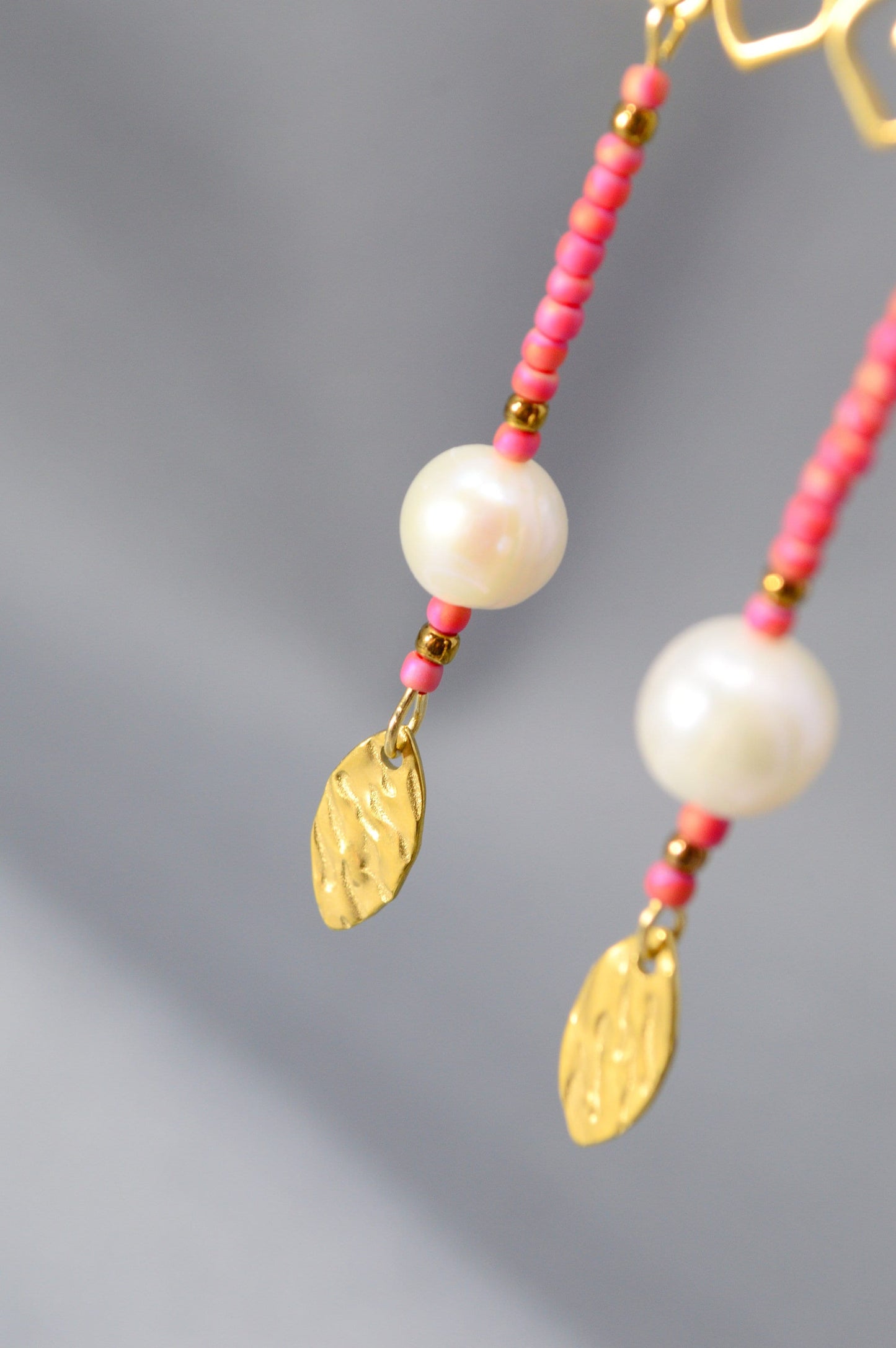 Bohemian Earrings with Gold Butterfly, Pearl Bead, and Golden Leaf by Estibela Design - 7cm - 2.8". Fashion-forward.