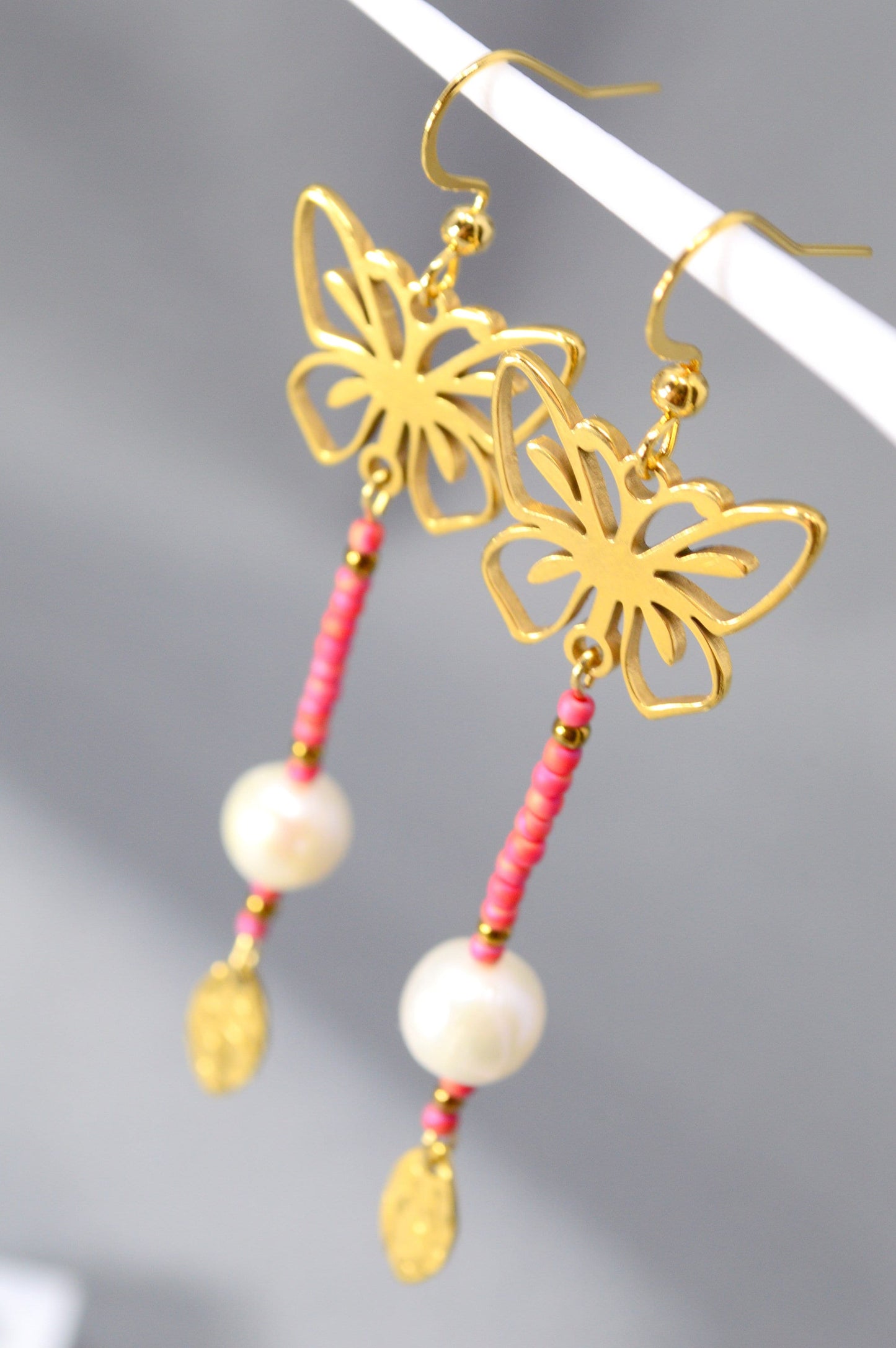 Bohemian Earrings with Gold Butterfly, Pearl Bead, and Golden Leaf by Estibela Design - 7cm - 2.8". Fashion-forward.