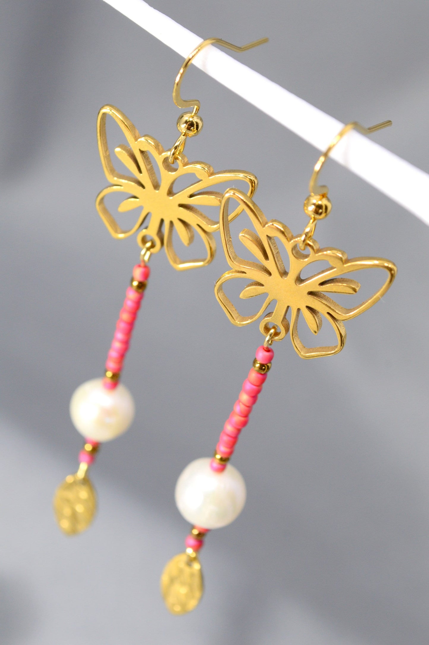 Bohemian Earrings with Gold Butterfly, Pearl Bead, and Golden Leaf by Estibela Design - 7cm - 2.8". Fashion-forward.