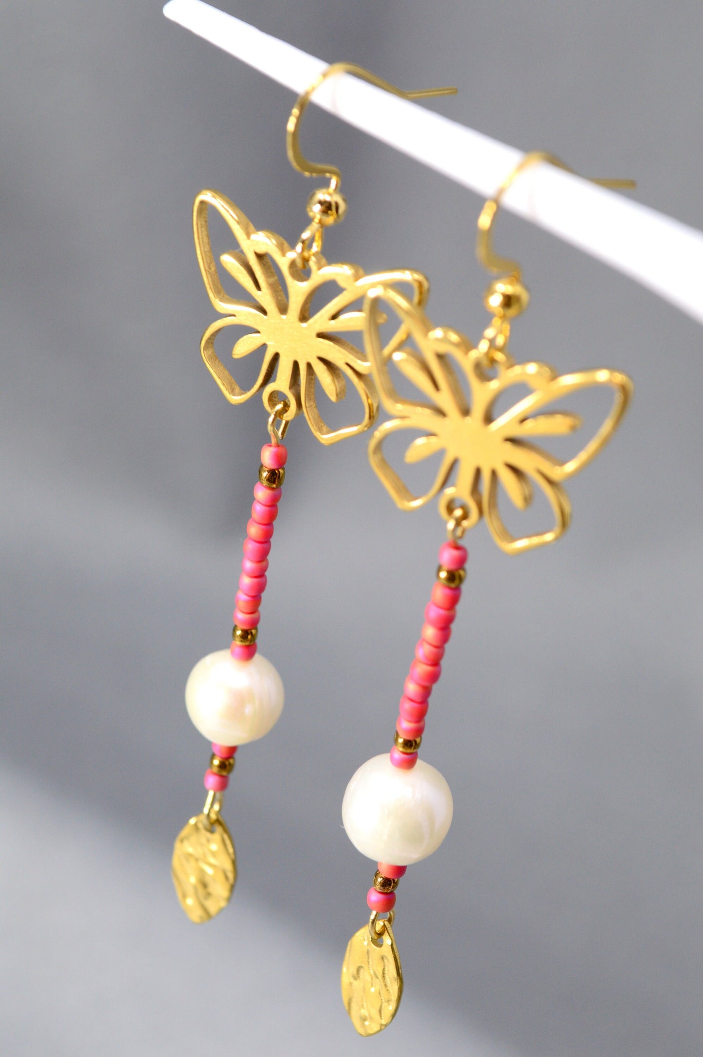 Bohemian Earrings with Gold Butterfly, Pearl Bead, and Golden Leaf by Estibela Design - 7cm - 2.8". Fashion-forward.