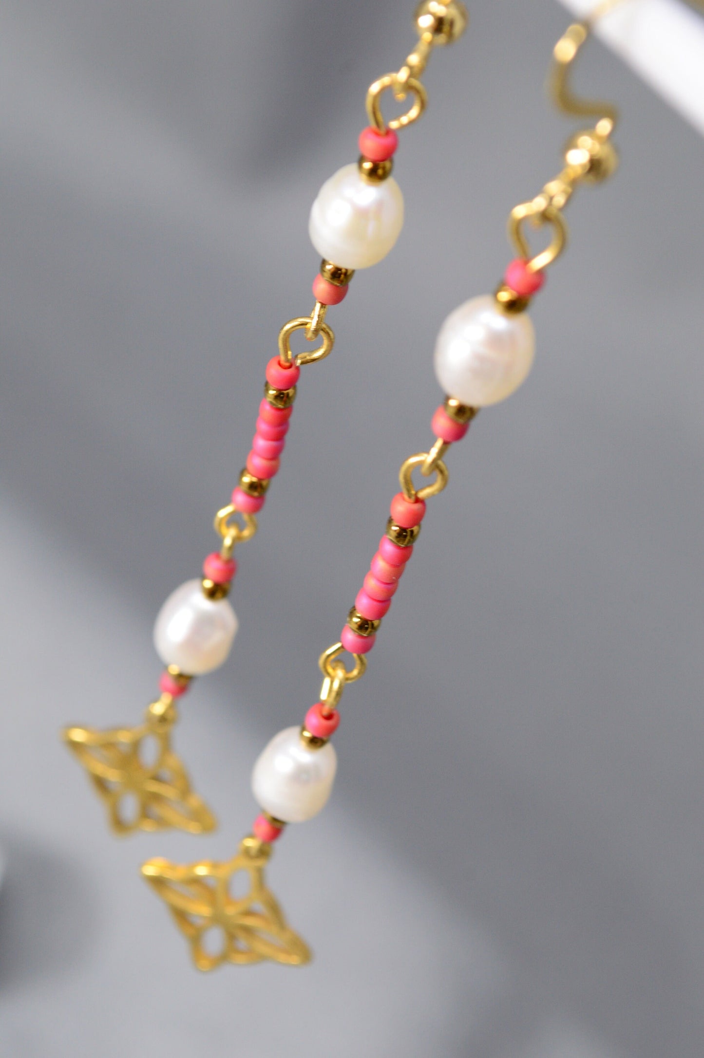 Cascade Elegance: Freshwater Pearl and Czech Glass Earrings with Celtic Knot. 8.5 cm - 3.4". Long Delicate Elegant Earrings.