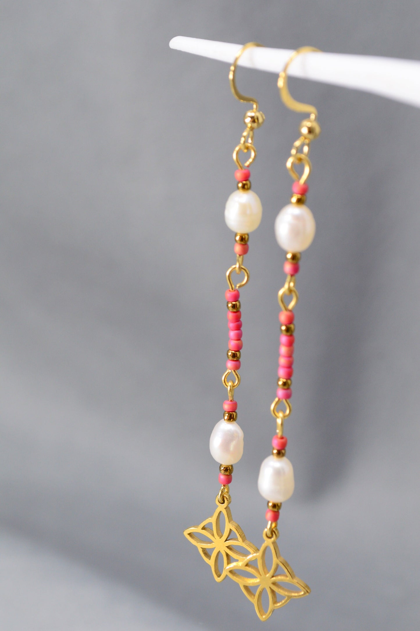 Cascade Elegance: Freshwater Pearl and Czech Glass Earrings with Celtic Knot. 8.5 cm - 3.4". Long Delicate Elegant Earrings.