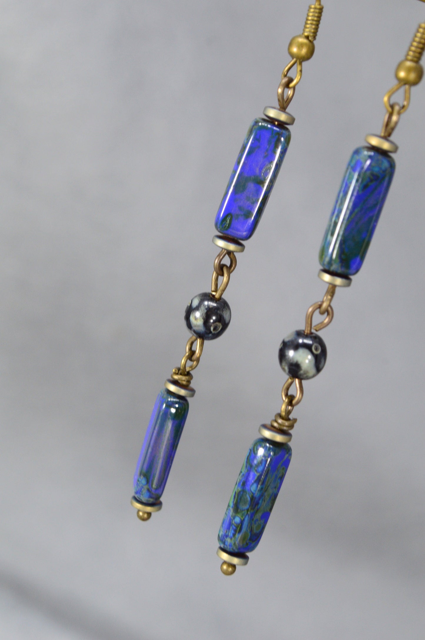 Boho Bronze Cascading Earrings with Picasso Blue Beads | Estibela Design. 8cm - 3.1"