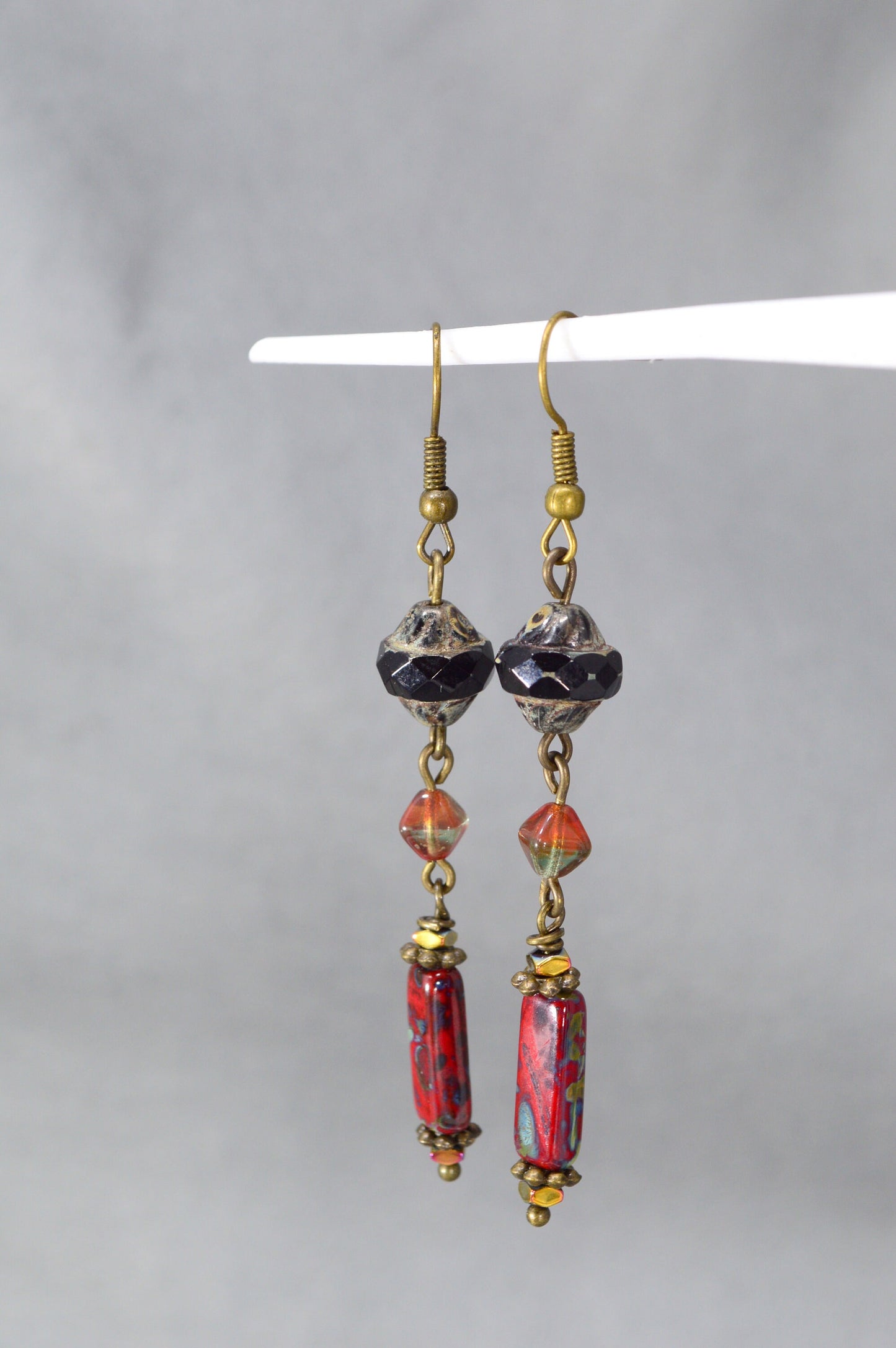 Bronze Earrings with Czech Glass Bead Cascade - Estibela Design.  7cm - 2.8"