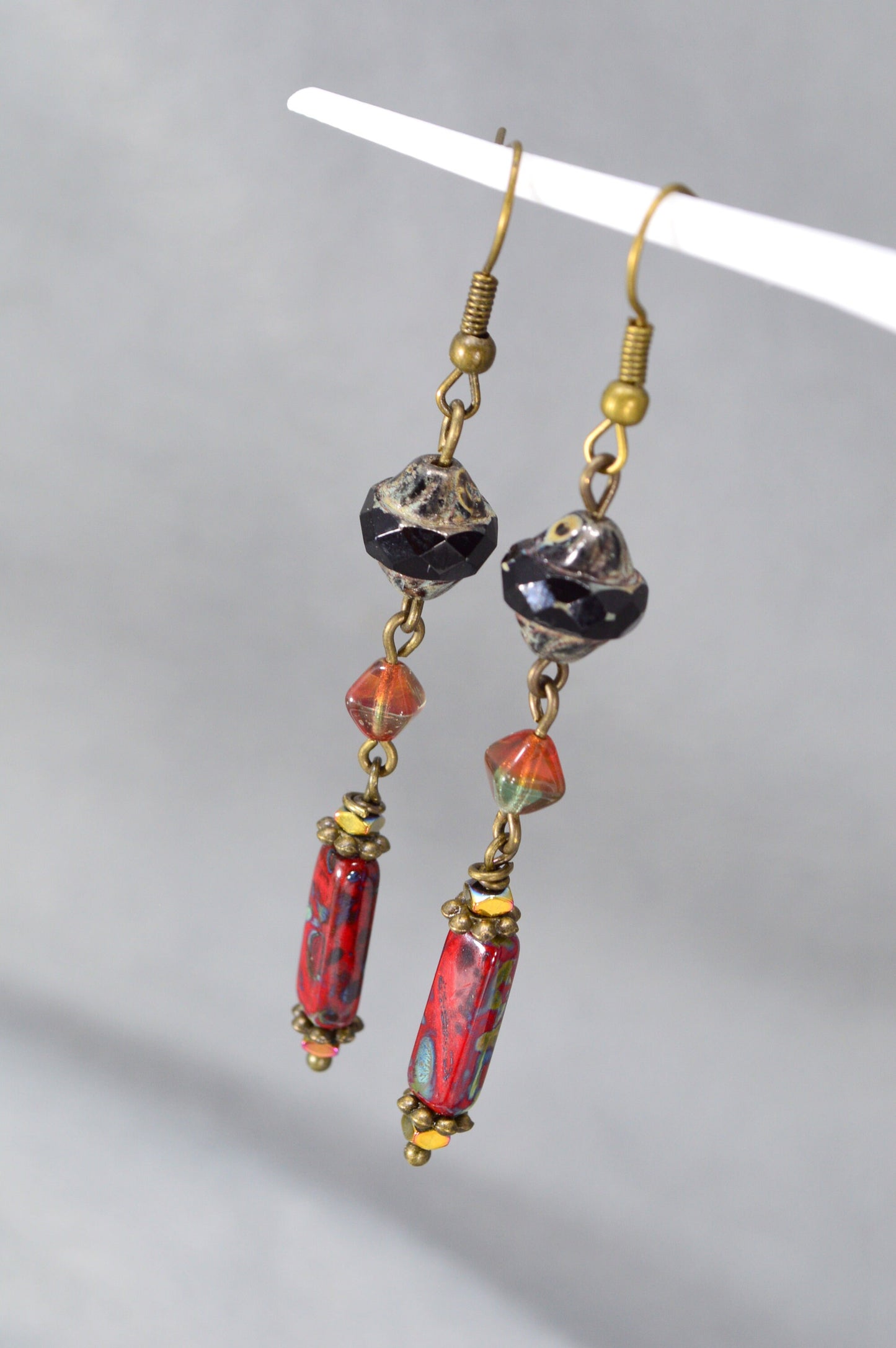 Bronze Earrings with Czech Glass Bead Cascade - Estibela Design.  7cm - 2.8"