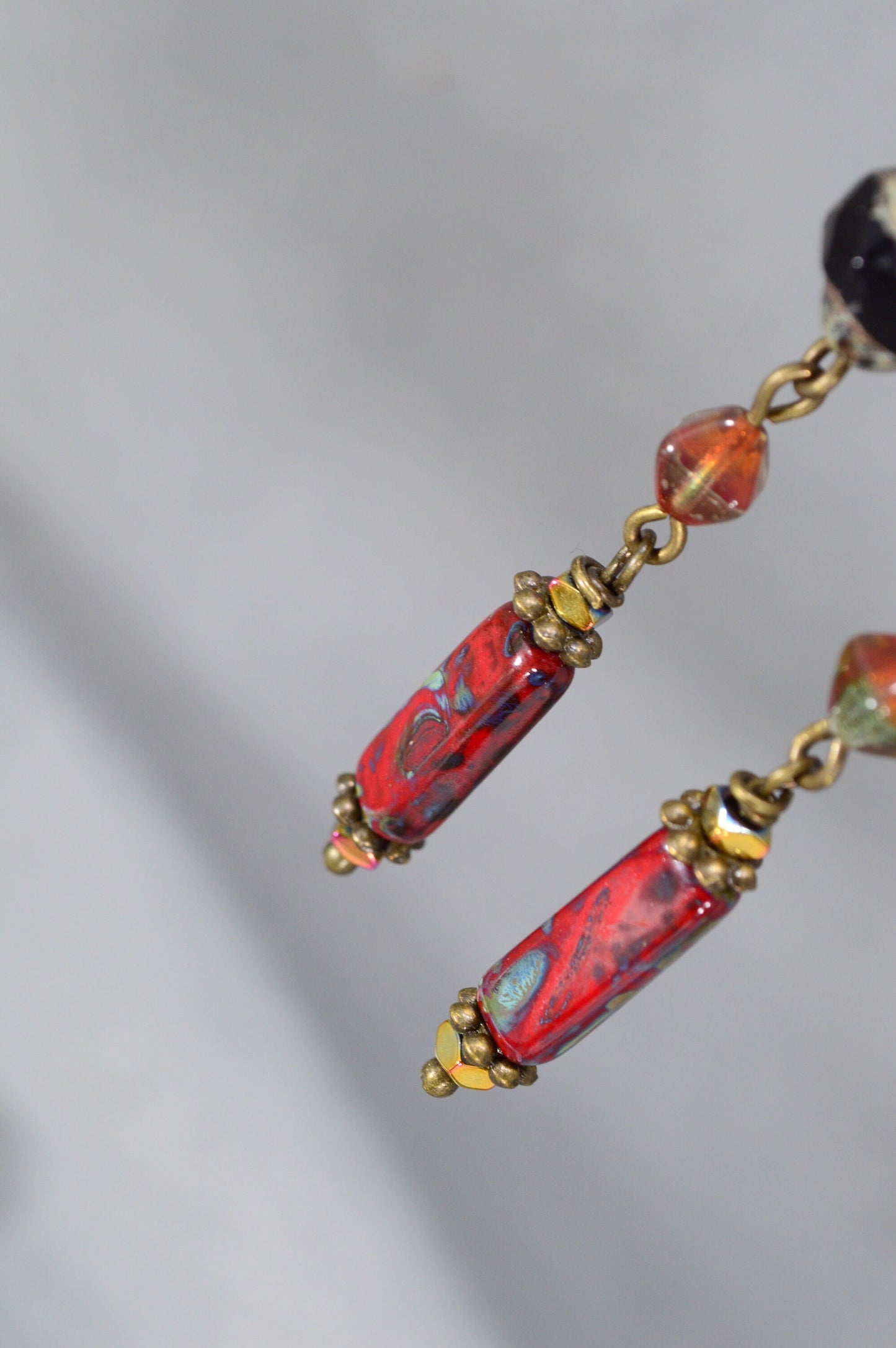 Bronze Earrings with Czech Glass Bead Cascade - Estibela Design.  7cm - 2.8"