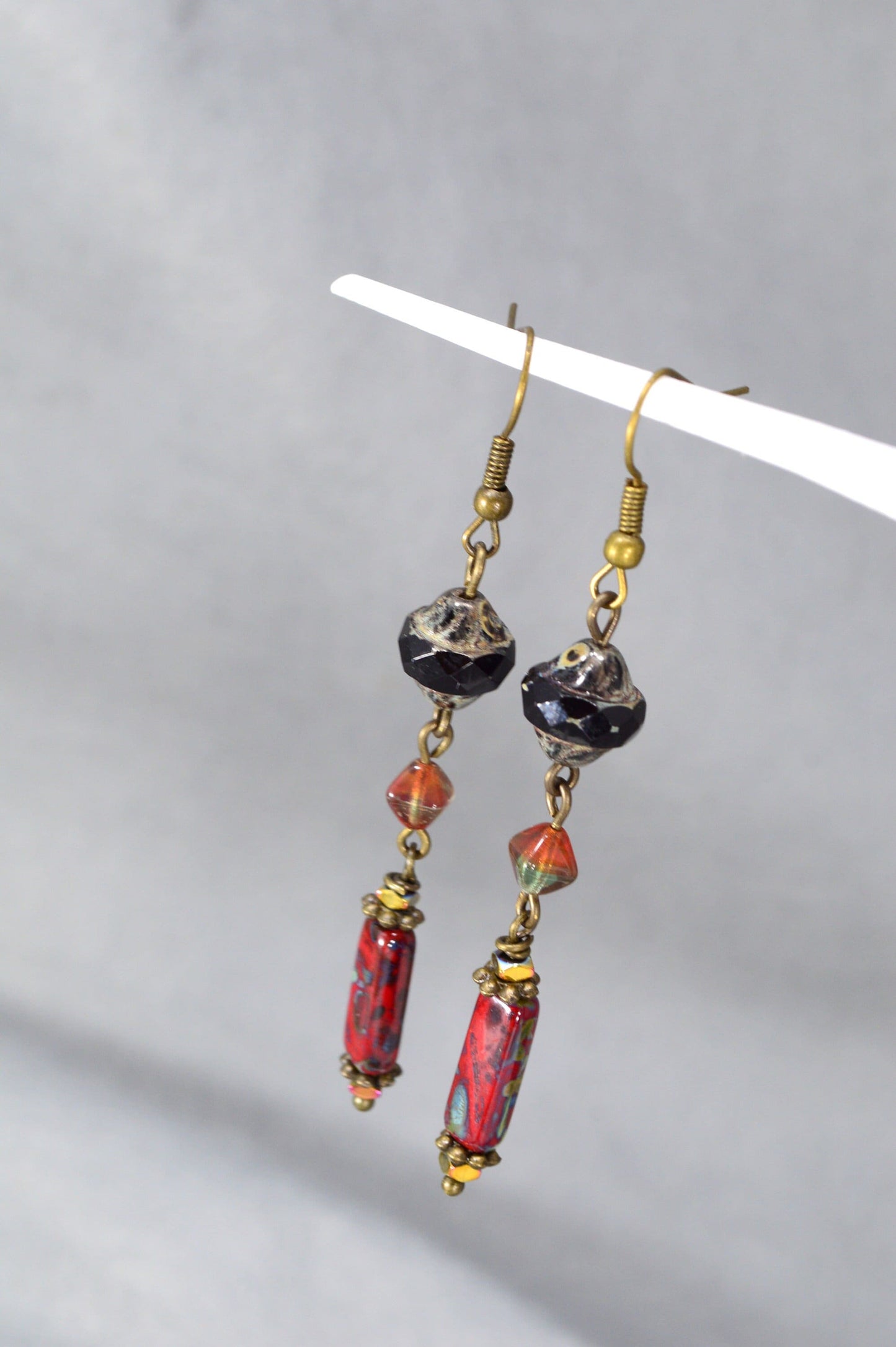 Bronze Earrings with Czech Glass Bead Cascade - Estibela Design.  7cm - 2.8"