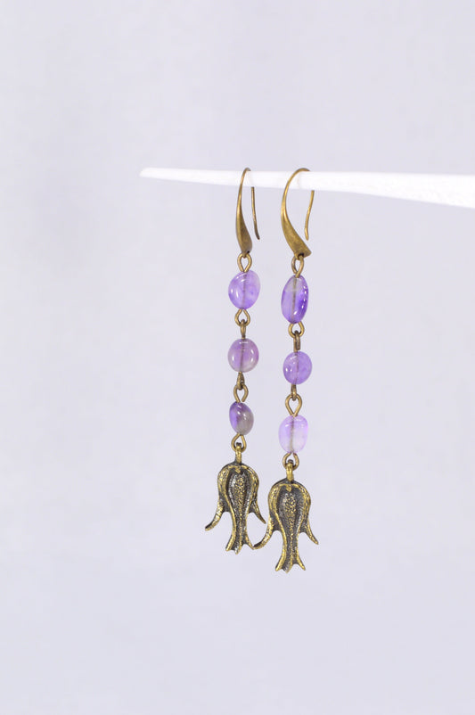 Boho Chic Amethyst Earrings with Bronze Lotus Flower – Handmade, Elegant Design for Women. Long Delicate Earrings. 8cm - 3"