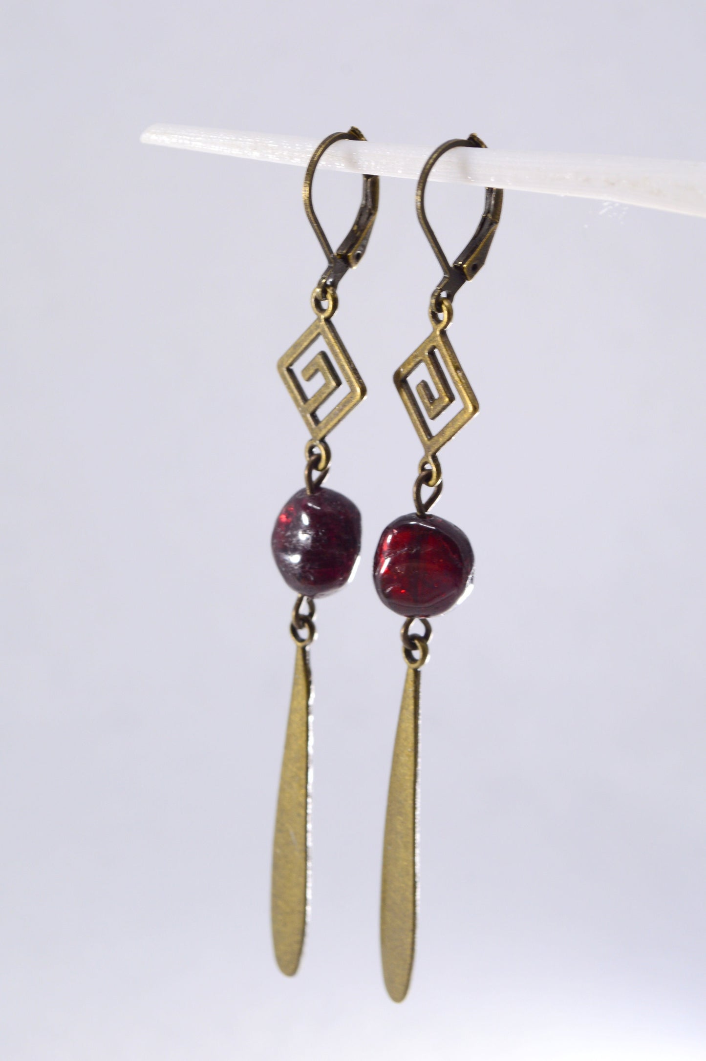 Long Vintage-Inspired Bronze Earrings with Garnet or Aquamarine Stones - Unique Handmade Jewelry by Estibela Design. 9cm - 3.5"