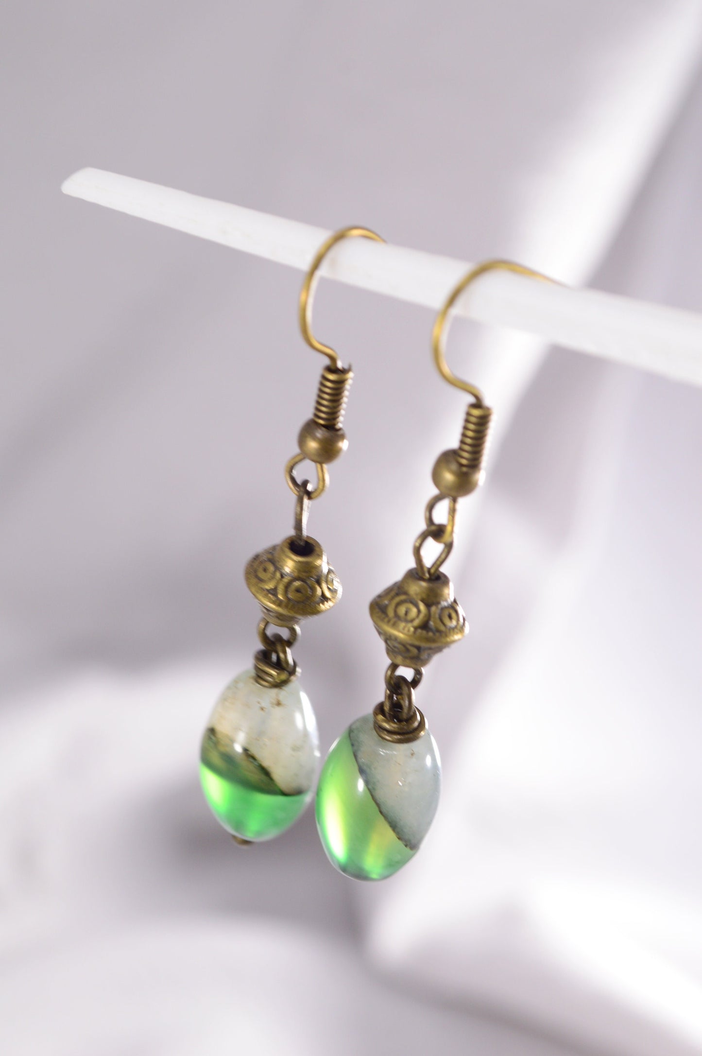 Baroque Bronze Earrings with Green-White Agate Stones. Victorian-Inspired Earrings with Luxurious Gemstone Touches. 4.5cm - 1,75"