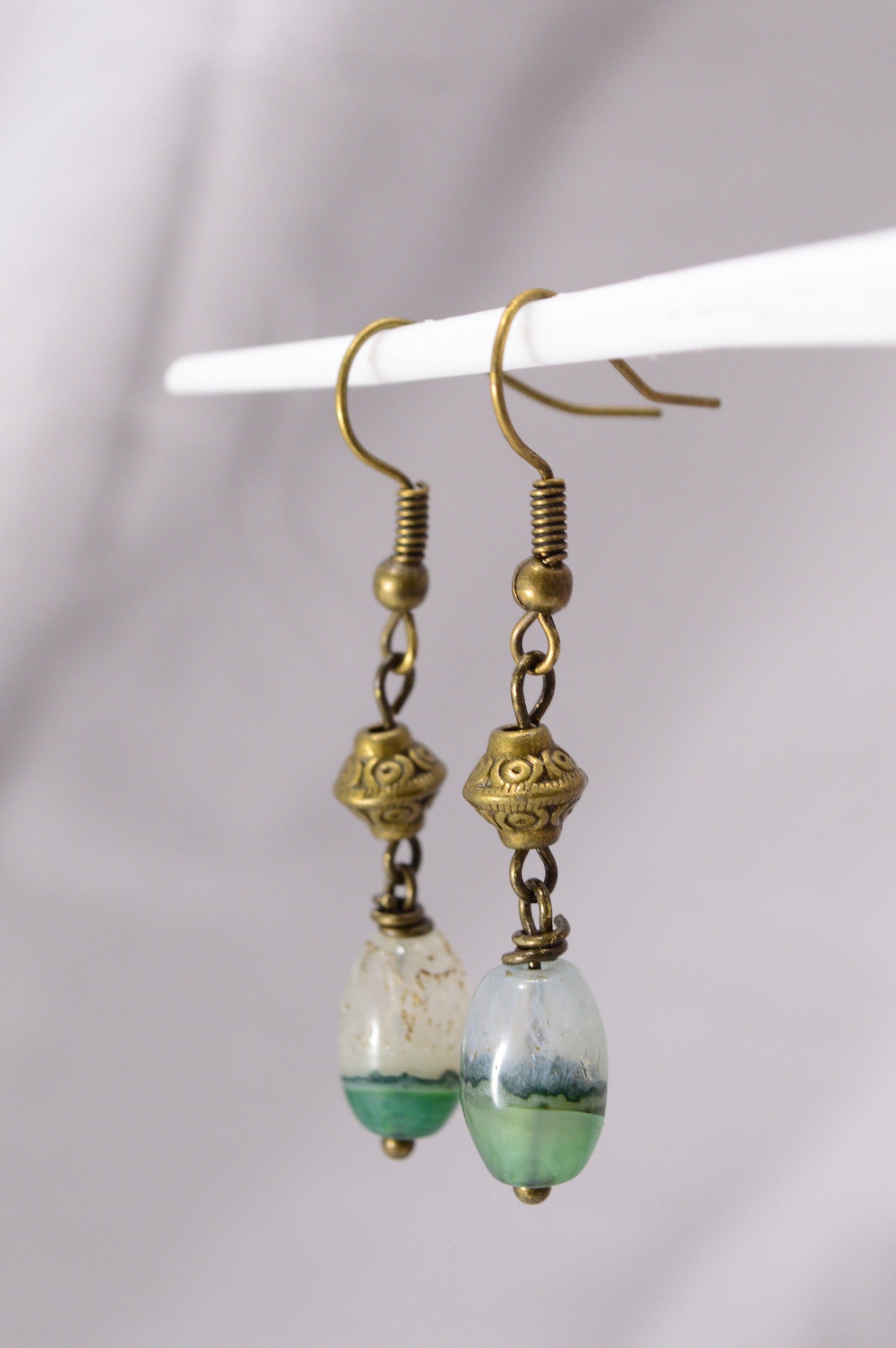 Baroque Bronze Earrings with Green-White Agate Stones. Victorian-Inspired Earrings with Luxurious Gemstone Touches. 4.5cm - 1,75"