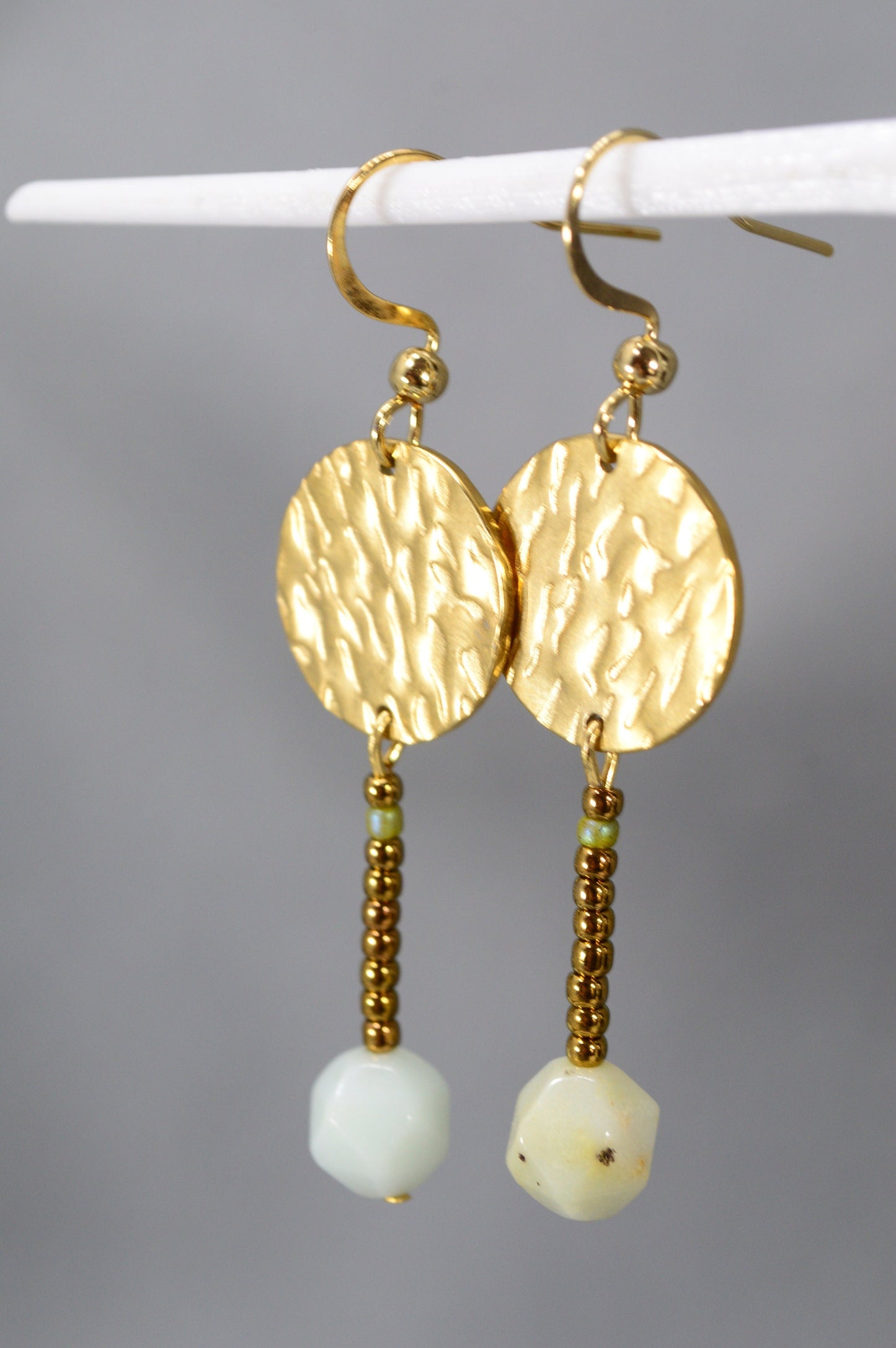 Handmade Boho-Chic Earrings with Golden Stainless Steel, Czech Glass Beads, and Amazonite Stones by Estibela Design. 5cm - 2".