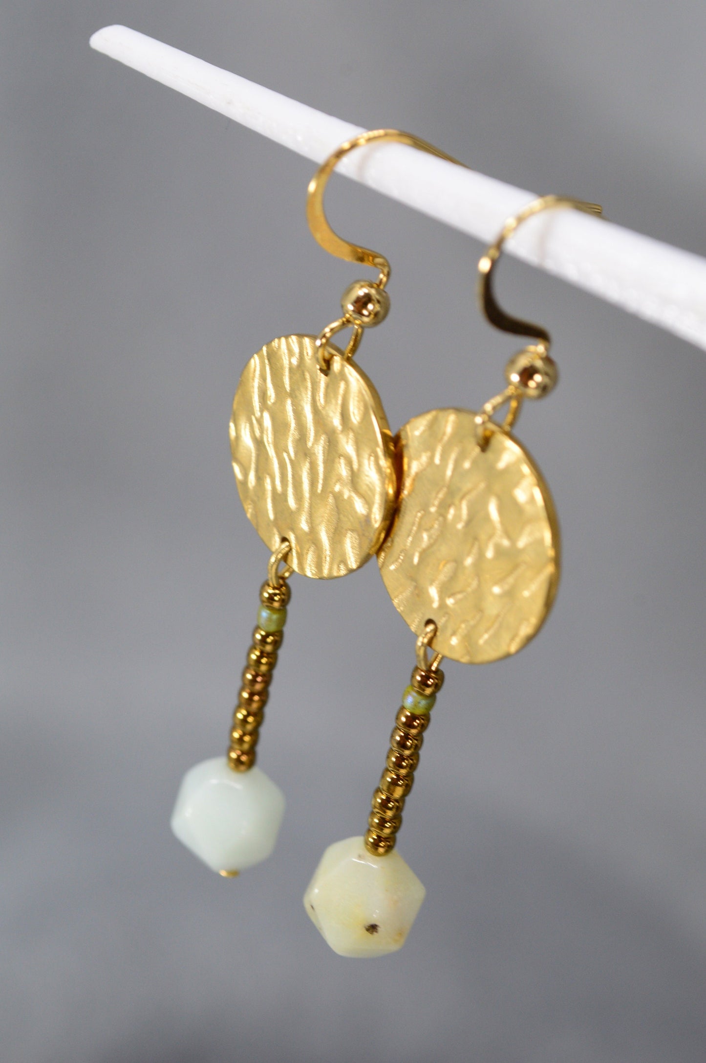 Handmade Boho-Chic Earrings with Golden Stainless Steel, Czech Glass Beads, and Amazonite Stones by Estibela Design. 5cm - 2".