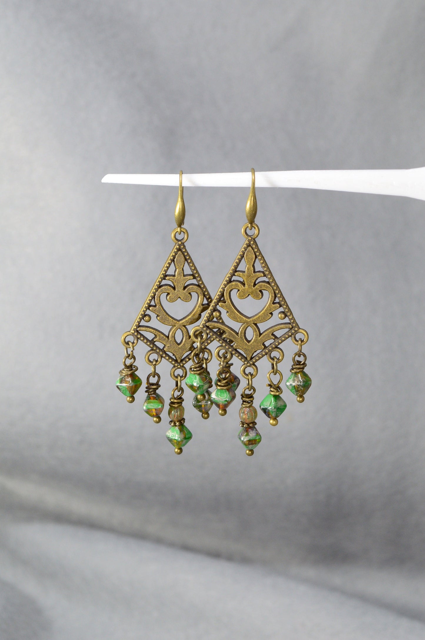 Elegant Bronze Earrings with Czech Glass Beads, Ethnic Style, Boho Chic, Estibela Design. 7.5cm - 2,7"