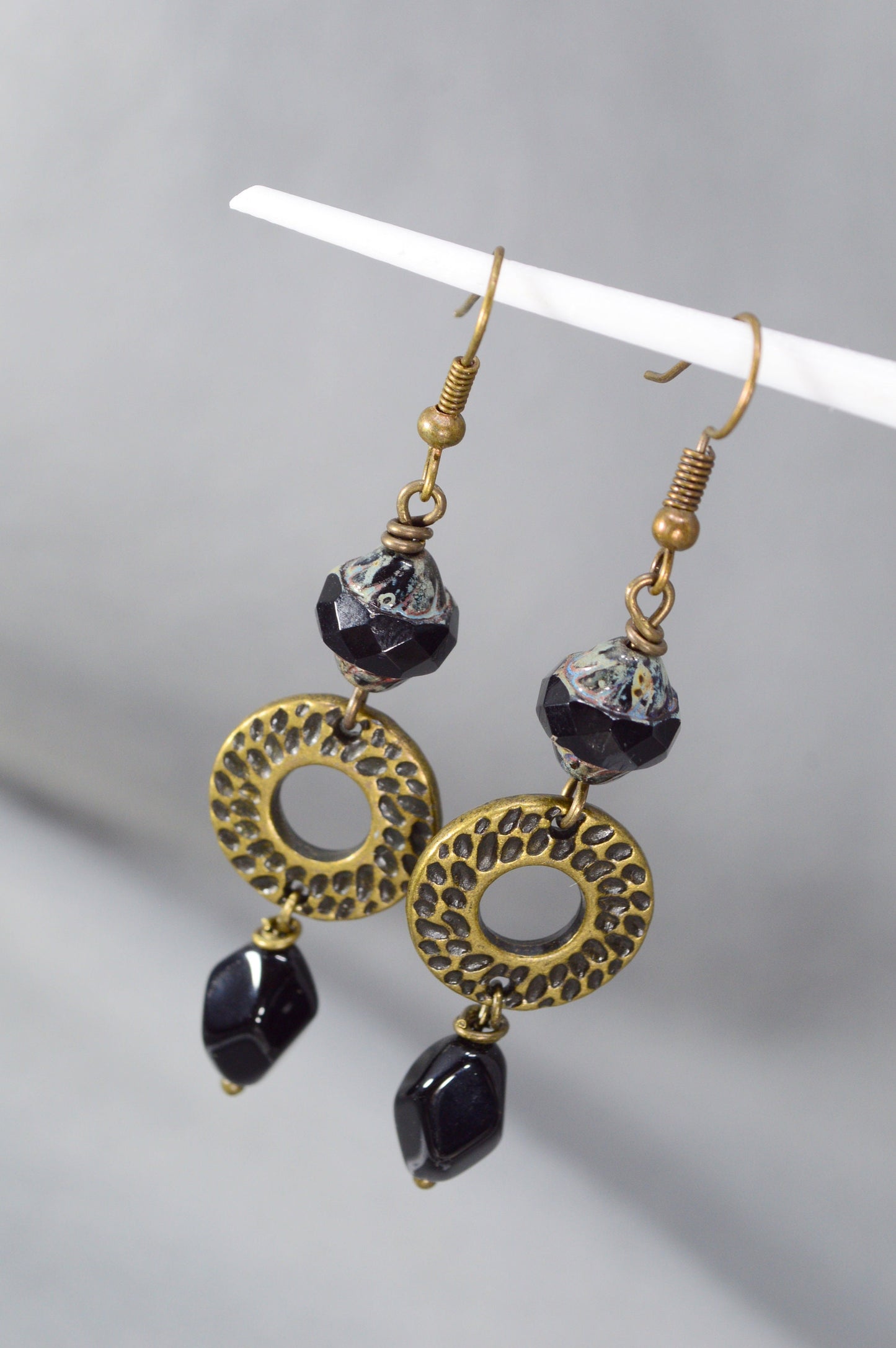 Boho Handcrafted Bronze Earrings with Pixelated Black Beads | Unique Estibela Design. 2.5" - 6.5cm