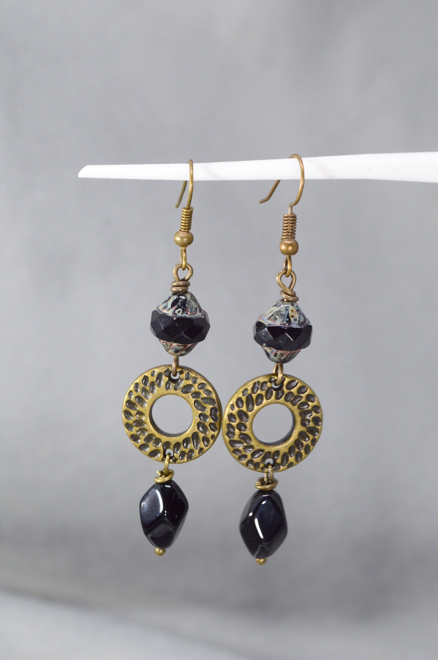 Boho Handcrafted Bronze Earrings with Pixelated Black Beads | Unique Estibela Design. 2.5" - 6.5cm