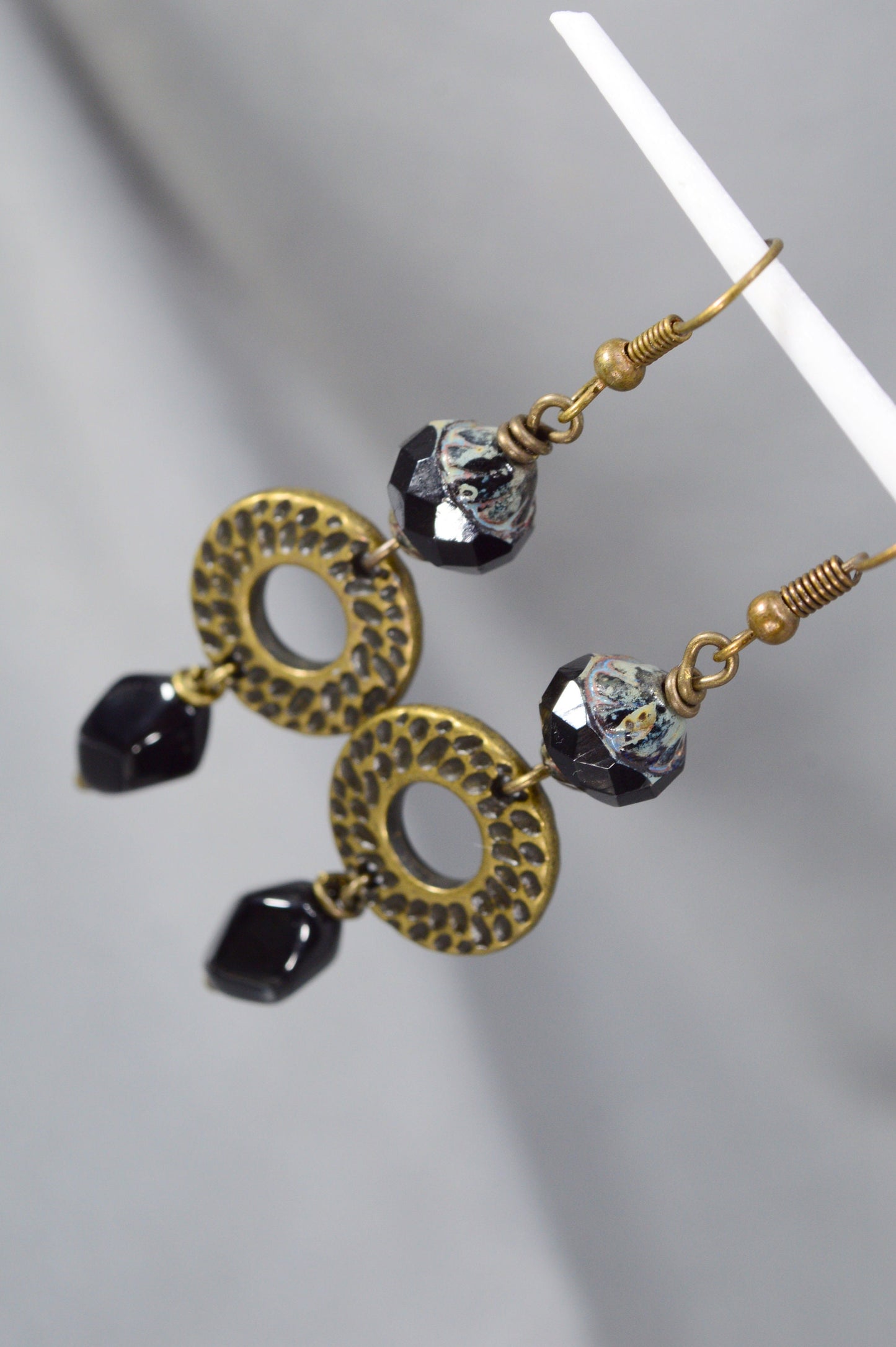 Boho Handcrafted Bronze Earrings with Pixelated Black Beads | Unique Estibela Design. 2.5" - 6.5cm