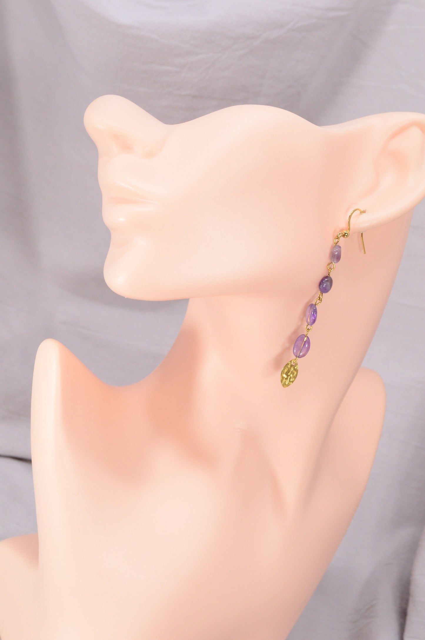 Long Amethyst stone cascade earrings, teardrop gold plated stainless steel earrings 8cm - 3.1"