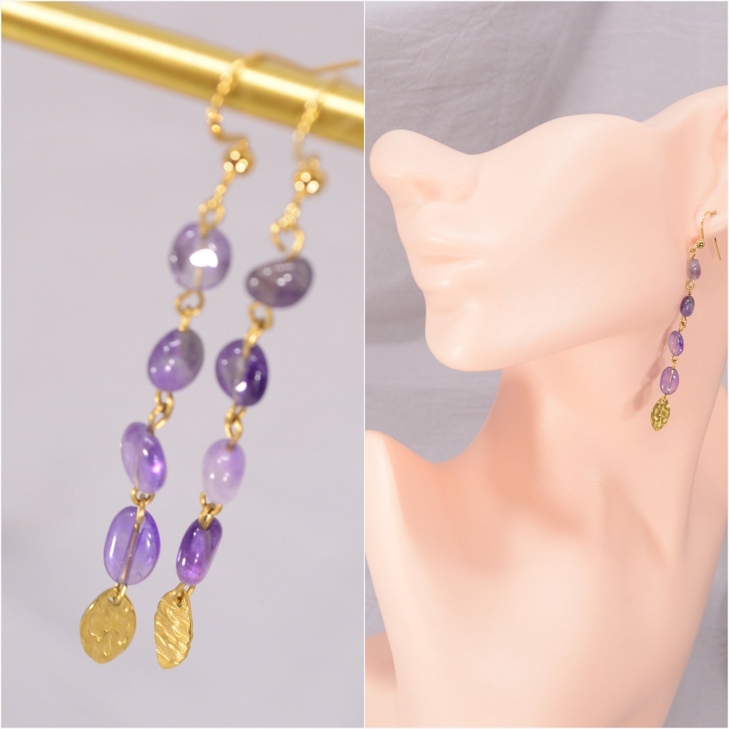 Long Amethyst stone cascade earrings, teardrop gold plated stainless steel earrings 8cm - 3.1"