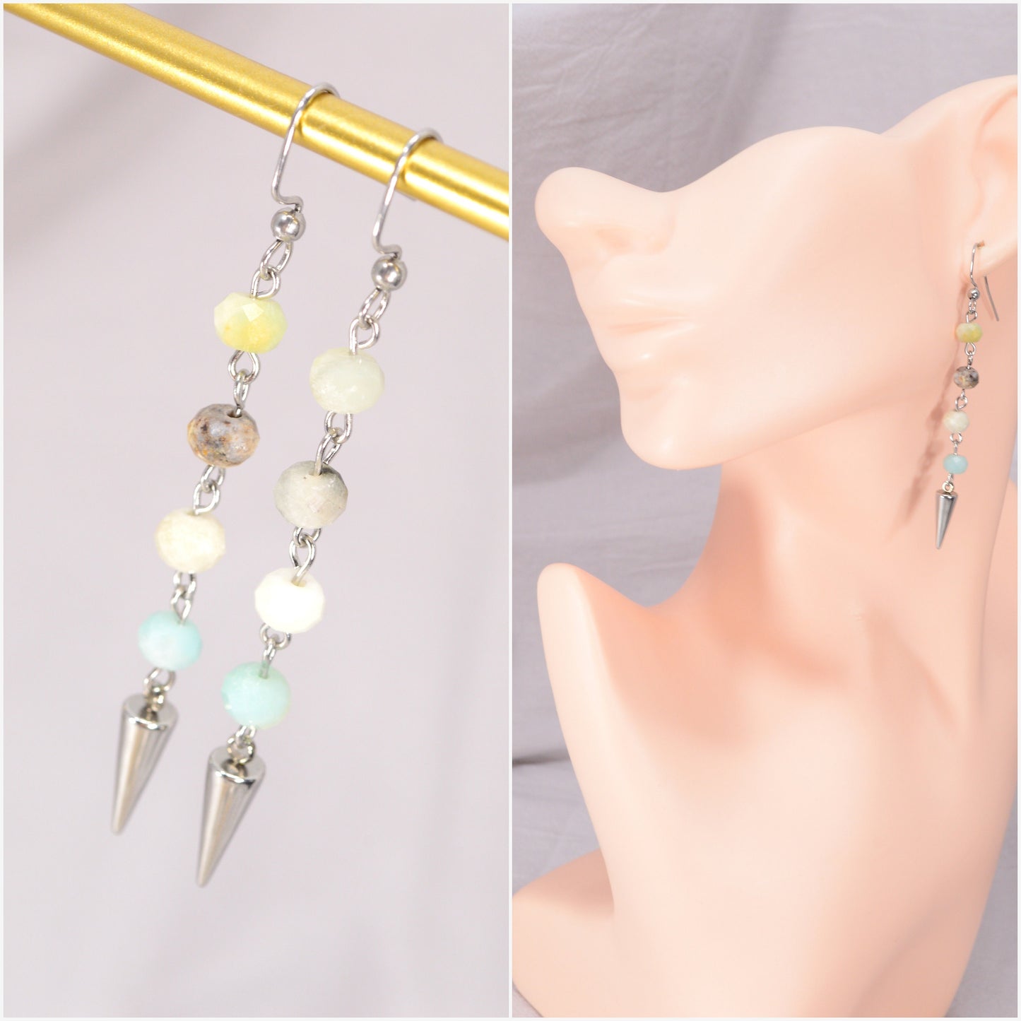 Amazonite stone spike earrings, Long stainless steel earrings, 7,5cm 3", Estibela design. Light blue delicate earrings.