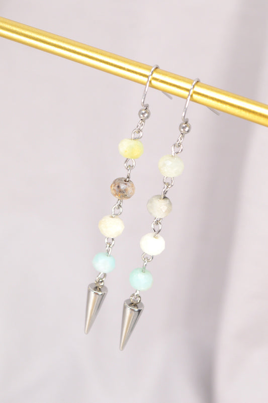 Amazonite stone spike earrings, Long stainless steel earrings, 7,5cm 3", Estibela design.