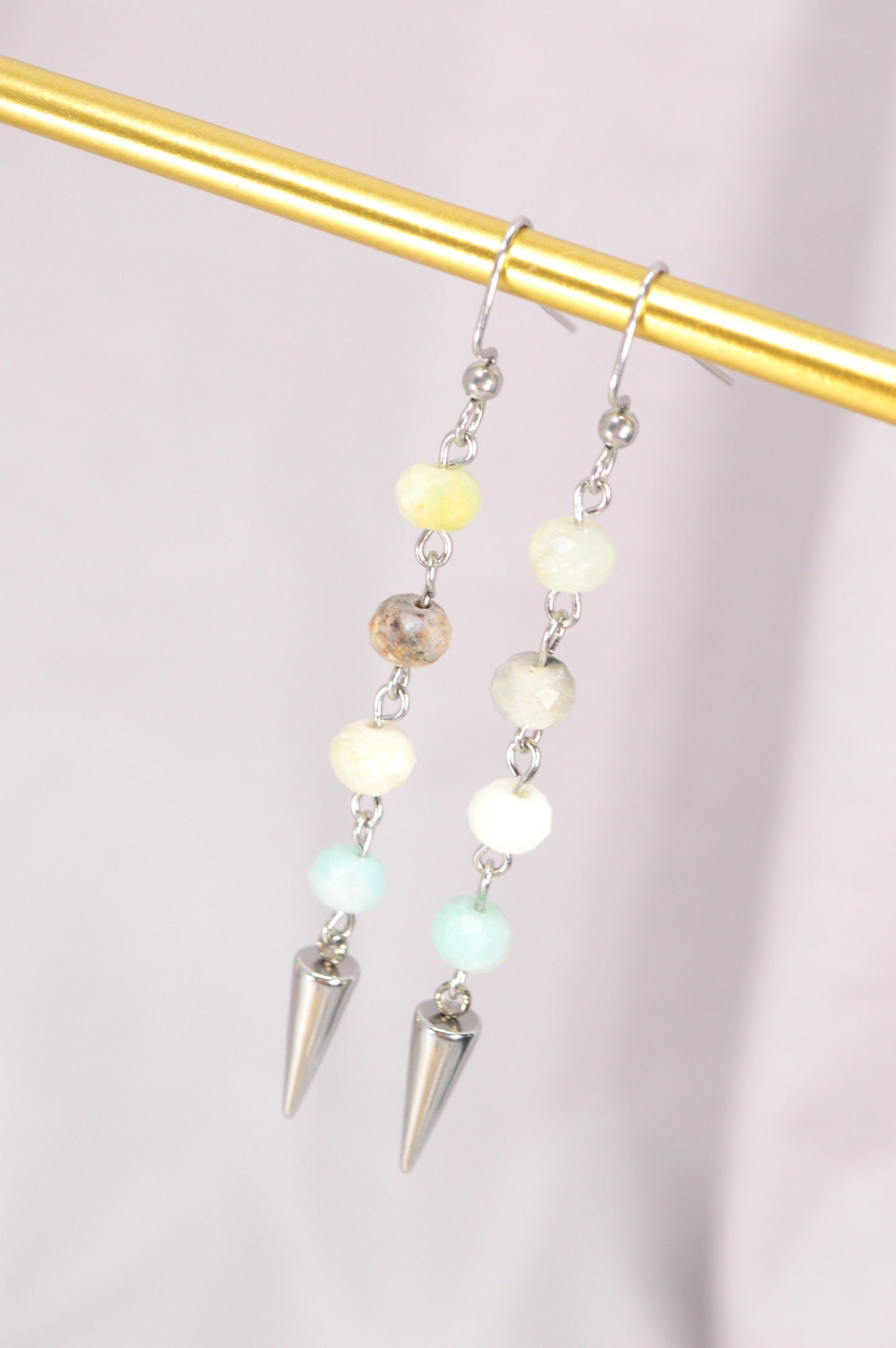 Amazonite stone spike earrings, Long stainless steel earrings, 7,5cm 3", Estibela design. Light blue delicate earrings.