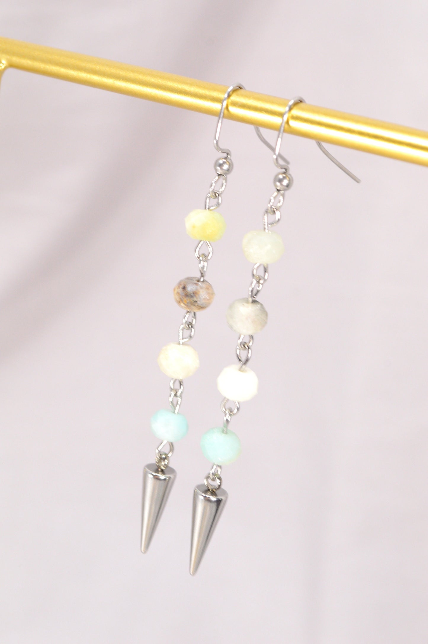 Amazonite stone spike earrings, Long stainless steel earrings, 7,5cm 3", Estibela design. Light blue delicate earrings.