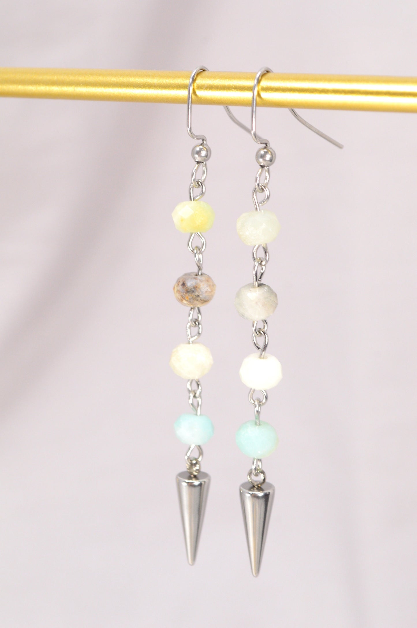 Amazonite stone spike earrings, Long stainless steel earrings, 7,5cm 3", Estibela design. Light blue delicate earrings.