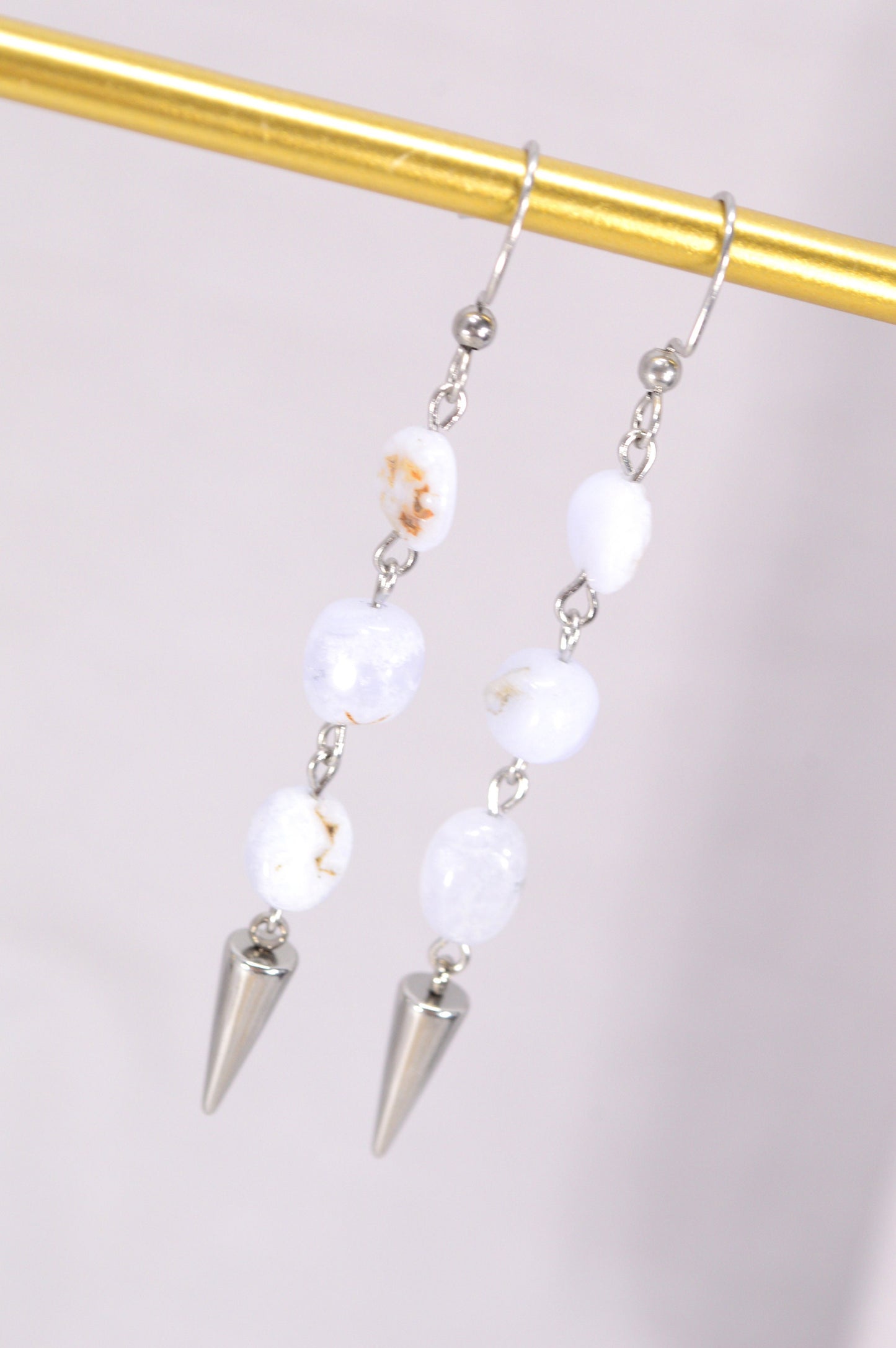 alcedony Stone Spike Earrings: Bohemian Chic Design, 7,5cm 3", Estibela design. Light blue delicate earrings.