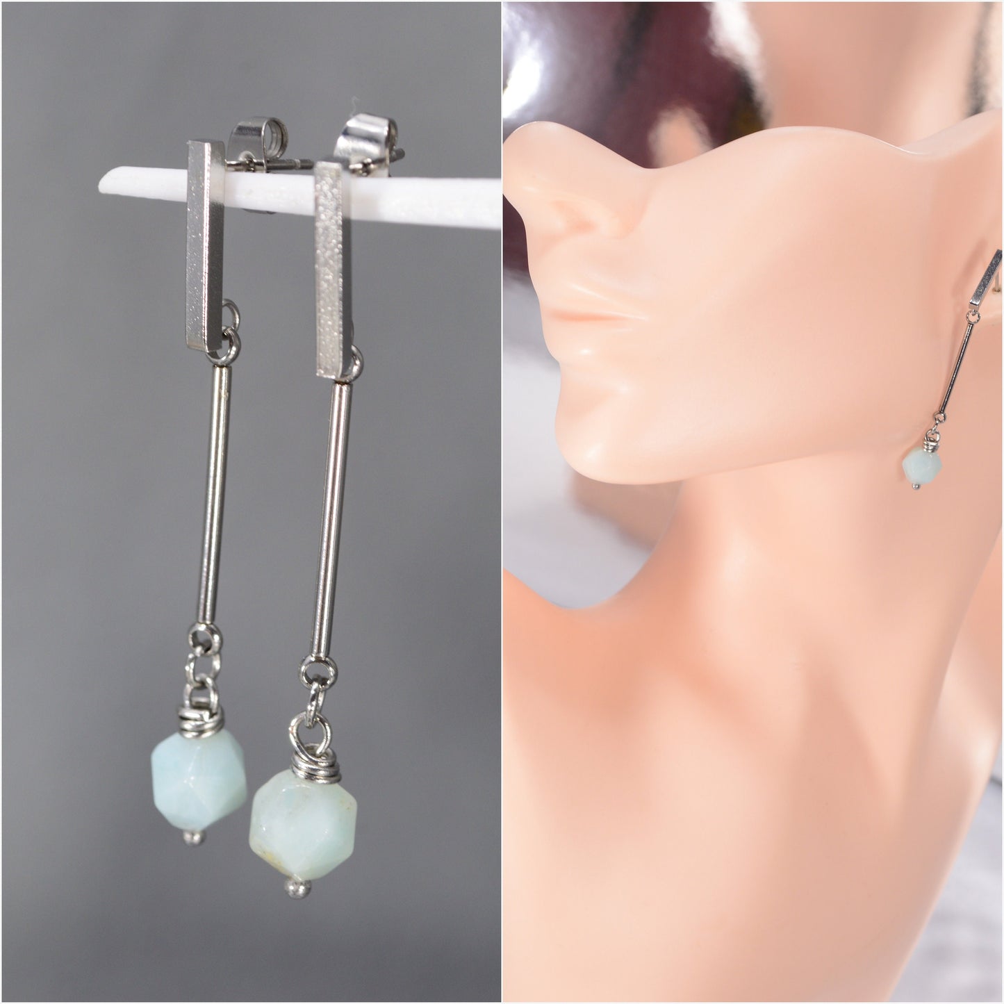 Stainless Steel Stick & Natural Stone Beads. 5cm 2". Elegant everyday earrings.  Simple style. Estibela design.