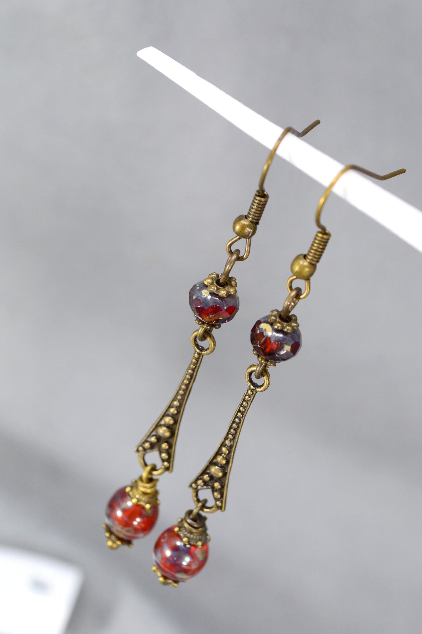 Vintage Style Hook Bronze Earrings with Czech Glass Beads by Estibela Design. . 7cm - 2.7". Elegant, Unique Jewelry.