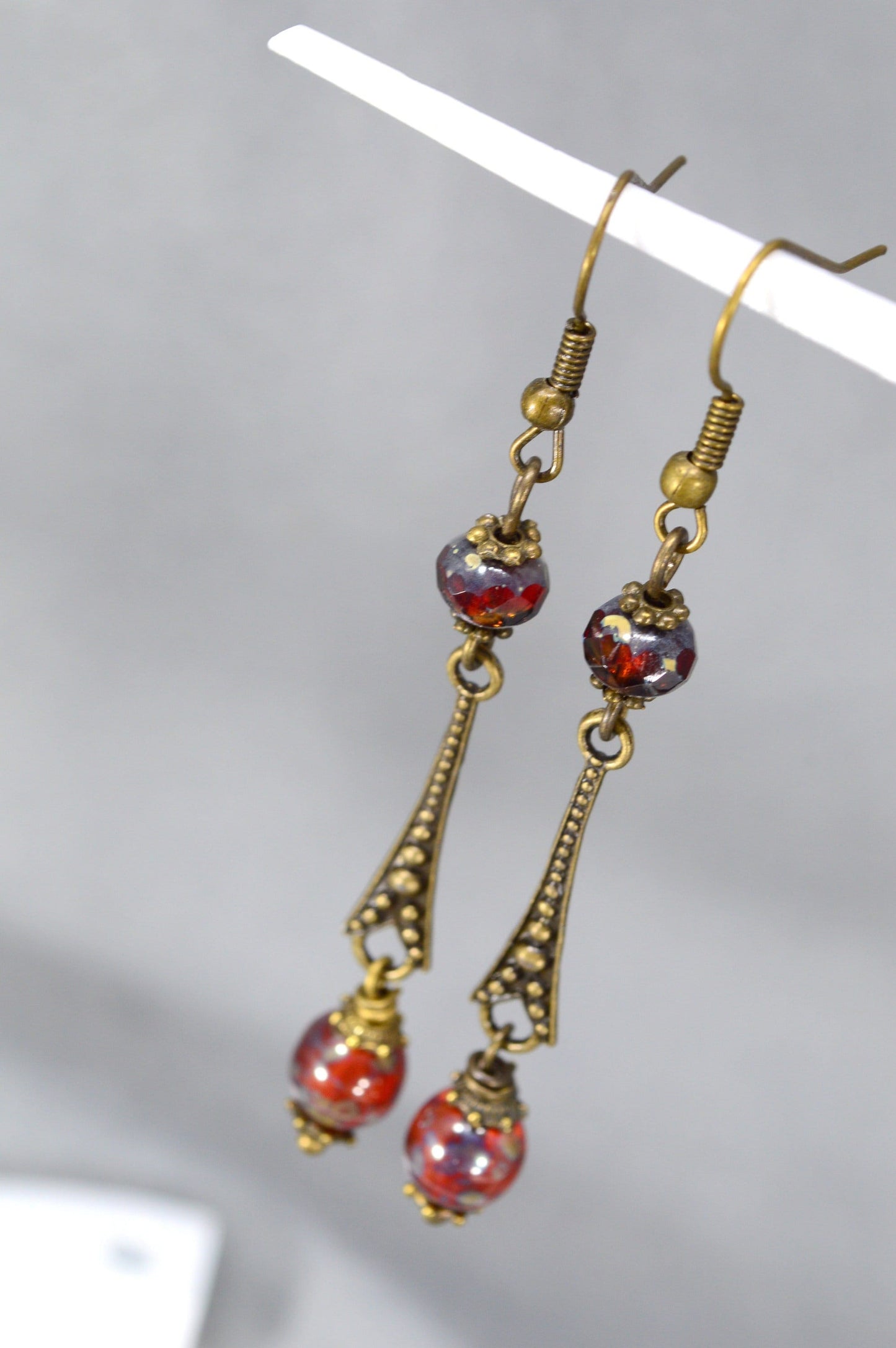 Vintage Style Hook Bronze Earrings with Czech Glass Beads by Estibela Design. . 7cm - 2.7". Elegant, Unique Jewelry.