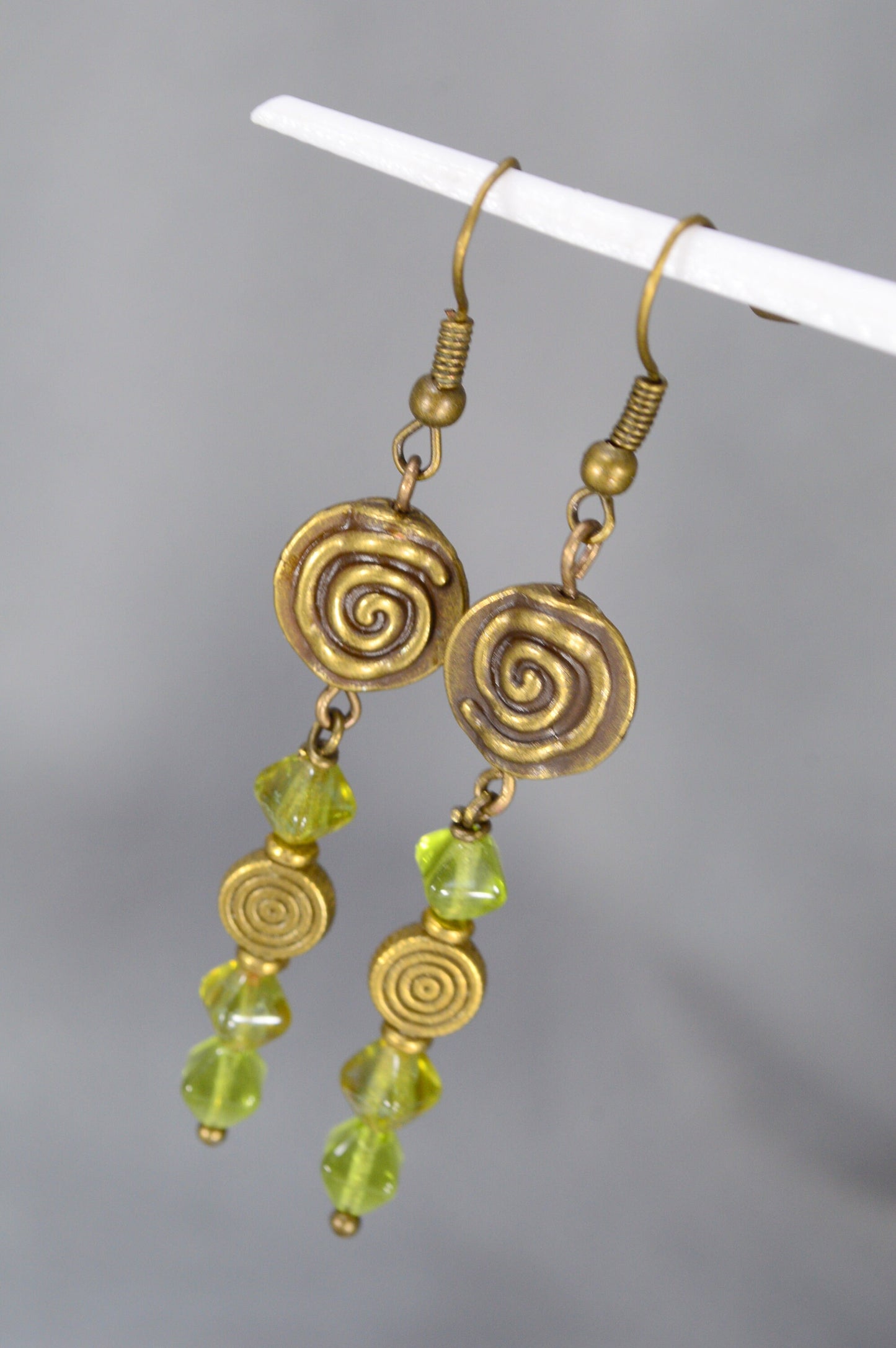 Boho Vintage Bronze Earrings with Green Beads - Handcrafted Unique Jewelry by Estibela Design. 7cm - 2.8"