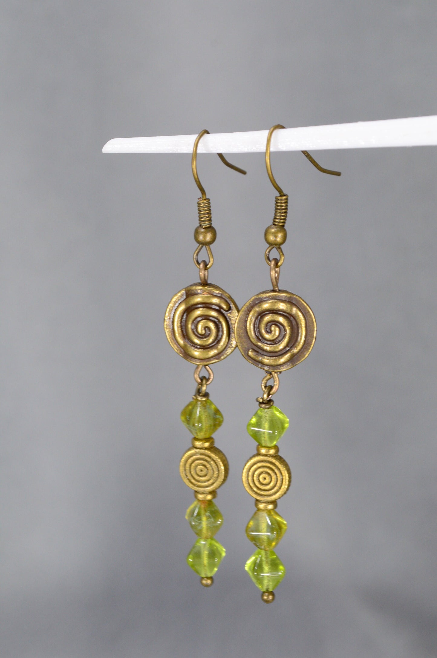 Boho Vintage Bronze Earrings with Green Beads - Handcrafted Unique Jewelry by Estibela Design. 7cm - 2.8"