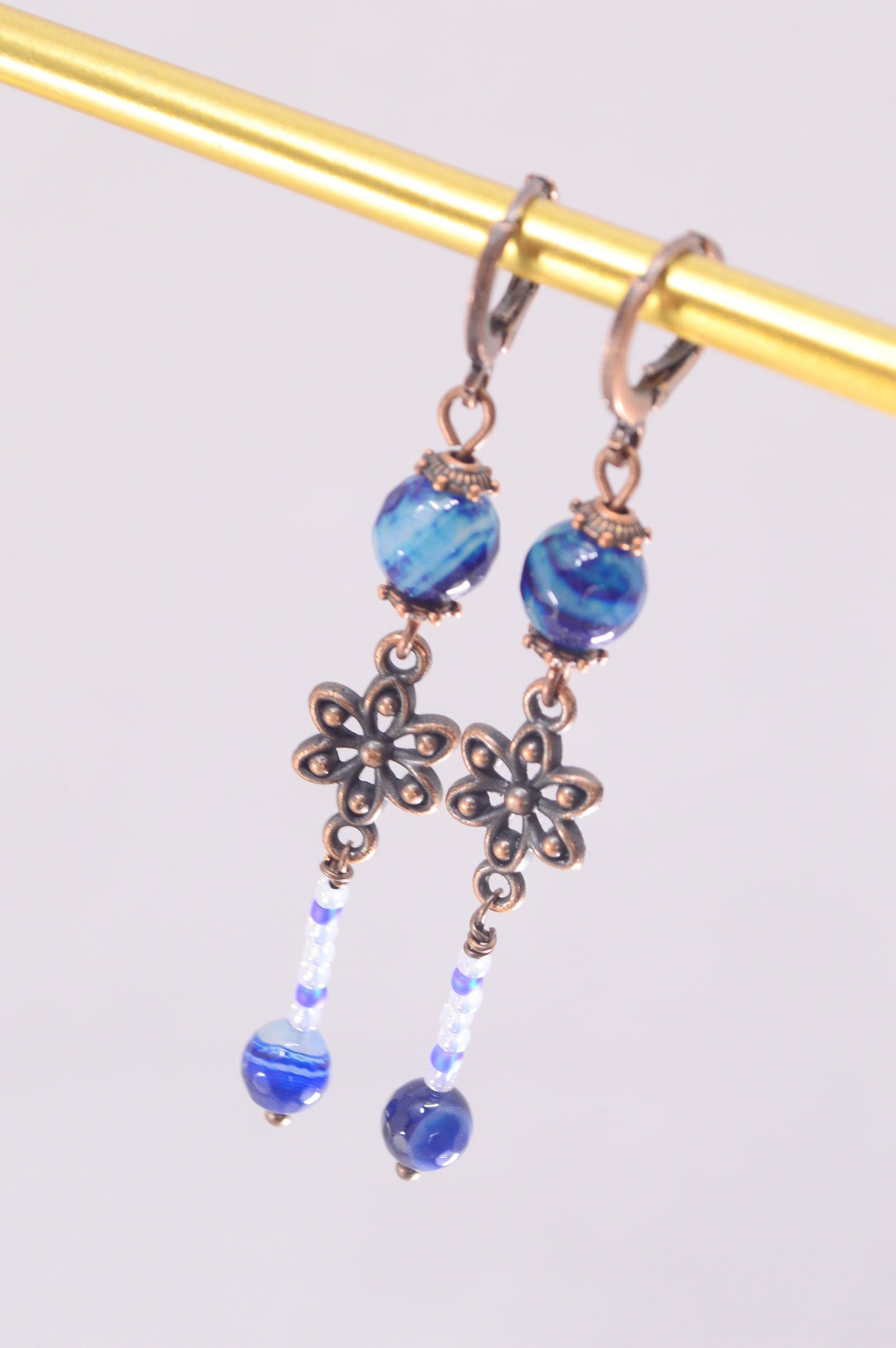 Unique Vintage Fantasy Boho Earrings with Elegant Floral Design, Handmade Agate and Czech Glass Beads. Estibela design. 6.5 cm - 2.4"