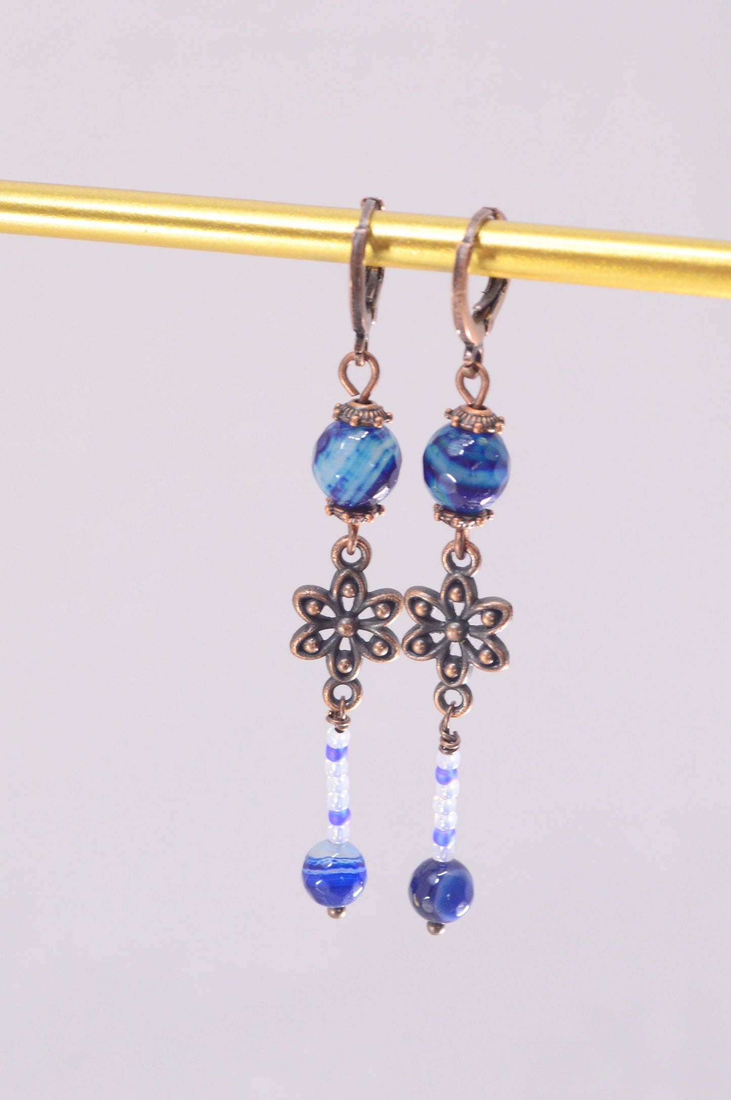 Unique Vintage Fantasy Boho Earrings with Elegant Floral Design, Handmade Agate and Czech Glass Beads. Estibela design. 6.5 cm - 2.4"