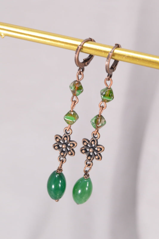 Vintage style Cascade Earrings, Copper agate earrings, One-of-a-kind floral earrings, Green cascade earrings, 7cm - 2.8", Estibela design