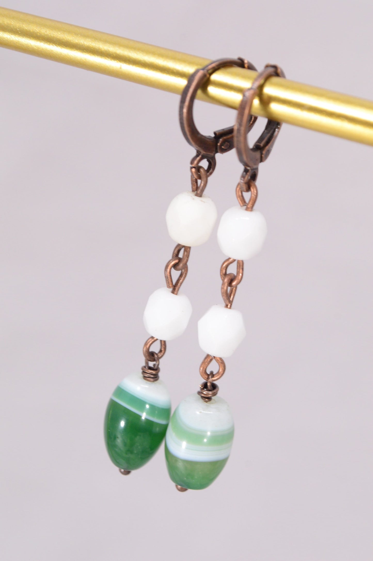 White & Green Cascade Earrings, Copper and agate earrings, One-of-a-kind long earrings,Estibela design, 5.5cm - 2.1"