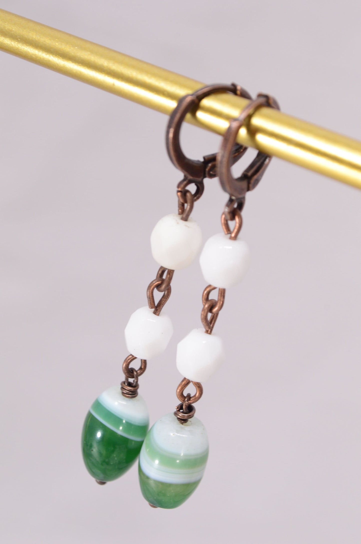 White & Green Cascade Earrings, Copper and agate earrings, One-of-a-kind long earrings,Estibela design, 5.5cm - 2.1"