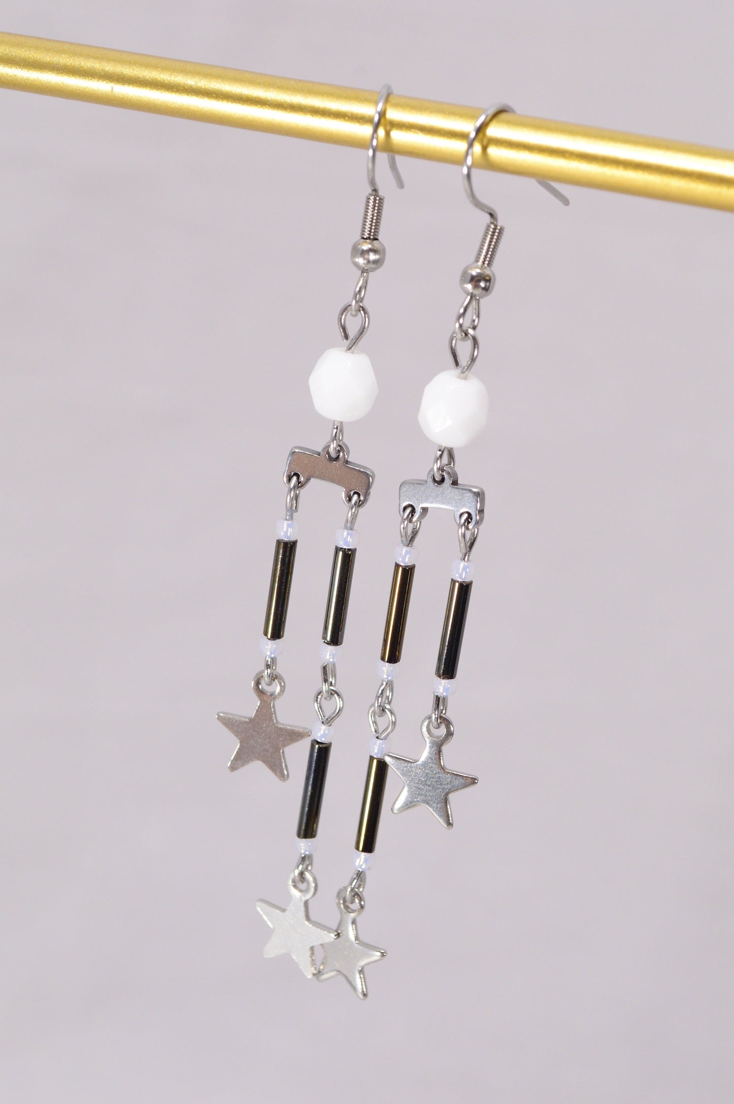 Star Charm Drop Earrings, Lightweight dangle earrings, Modern chic drop earrings, Estibela design. 8cm - 3.1"