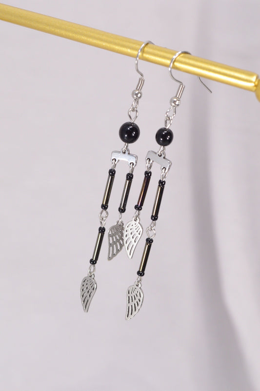 Feather Charm Drop Earrings, Lightweight dangle earrings, Modern chic drop earrings, Estibela design. 8cm - 3.1"