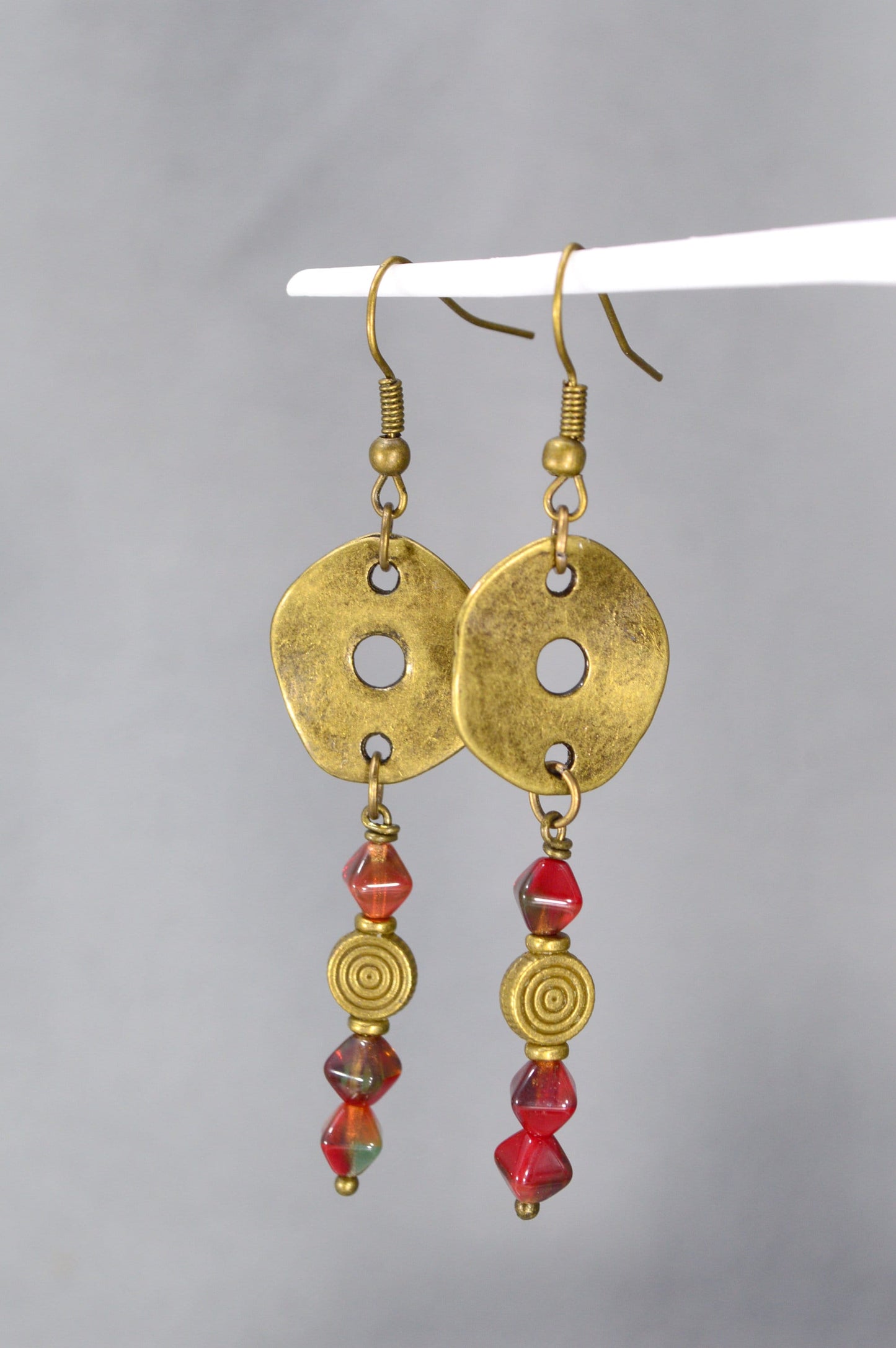 Bohemian Bronze Earrings with Czech Glass Beads by Estibela Design – Unique, Vintage, Ethnic, Artistic, Red Bicone Beads. 6.5cm - 2.5"