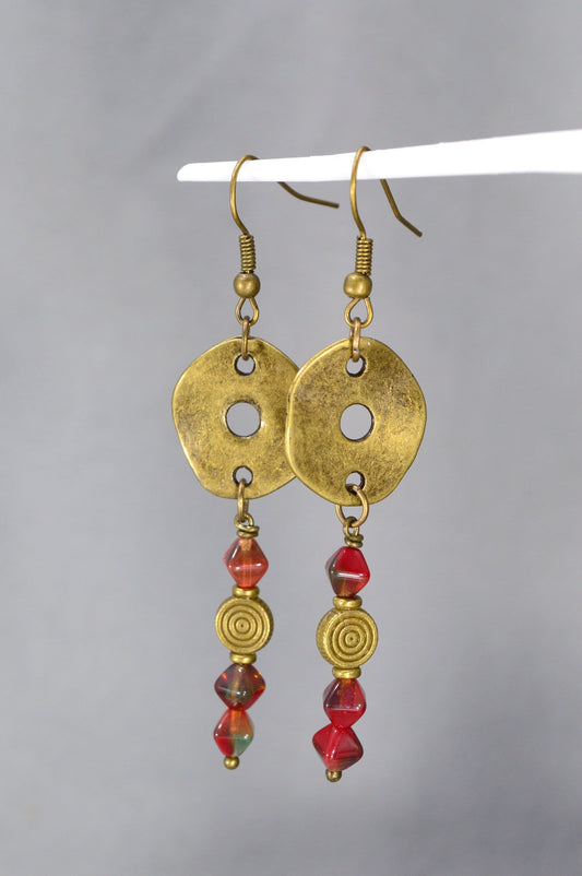 Bohemian Bronze Earrings with Czech Glass Beads by Estibela Design – Unique, Vintage, Ethnic, Artistic, Red Bicone Beads. 6.5cm - 2.5"