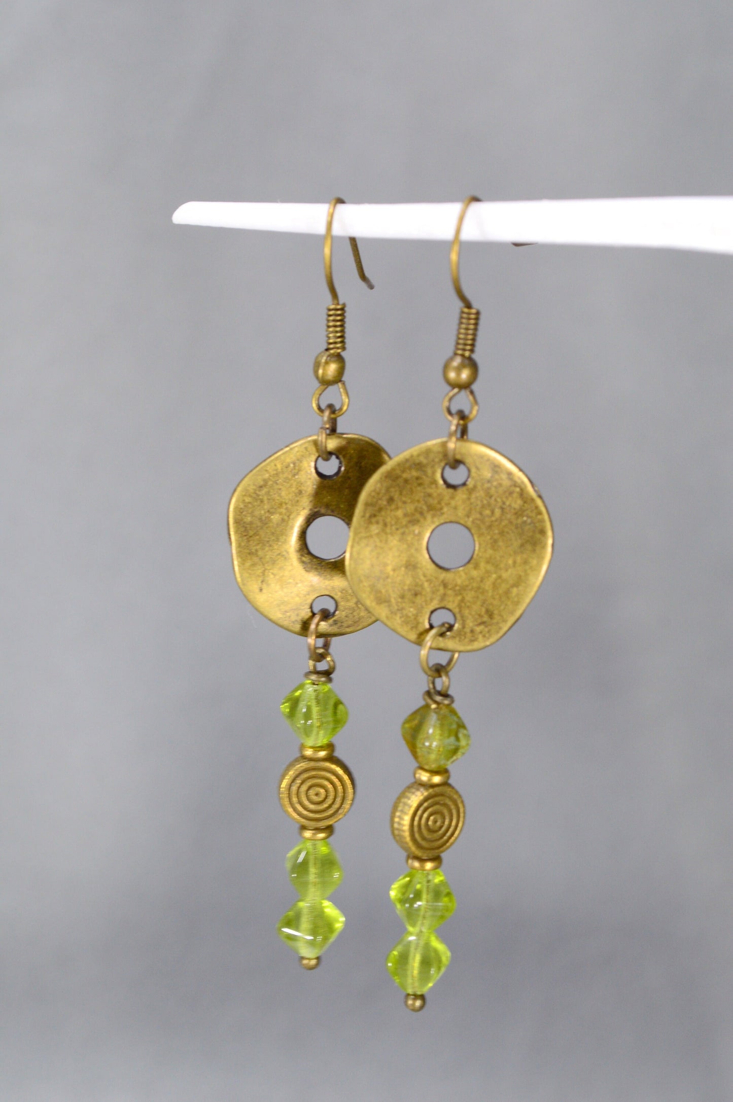 Bohemian Bronze Earrings with Czech Glass Beads by Estibela Design – Unique, Vintage, Ethnic, Artistic, Green Bicone Beads. 6.5cm - 2.5"