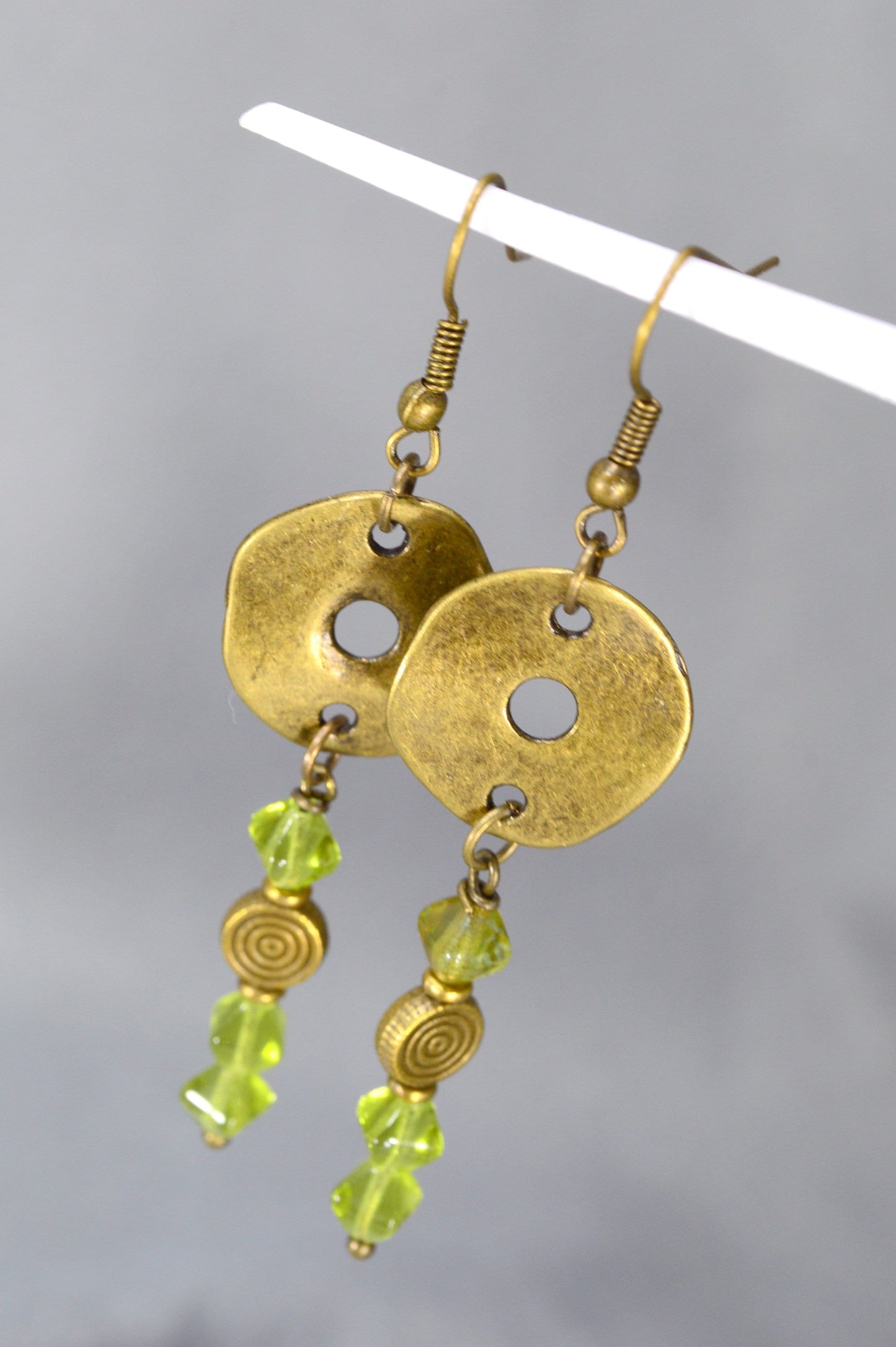 Bohemian Bronze Earrings with Czech Glass Beads by Estibela Design – Unique, Vintage, Ethnic, Artistic, Green Bicone Beads. 6.5cm - 2.5"